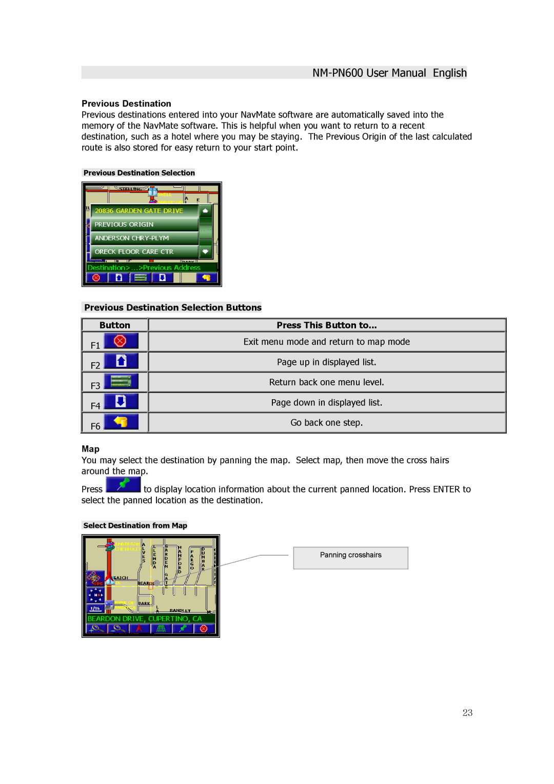 Horizon Navigation NM-PN600 manual Previous Destination Selection 