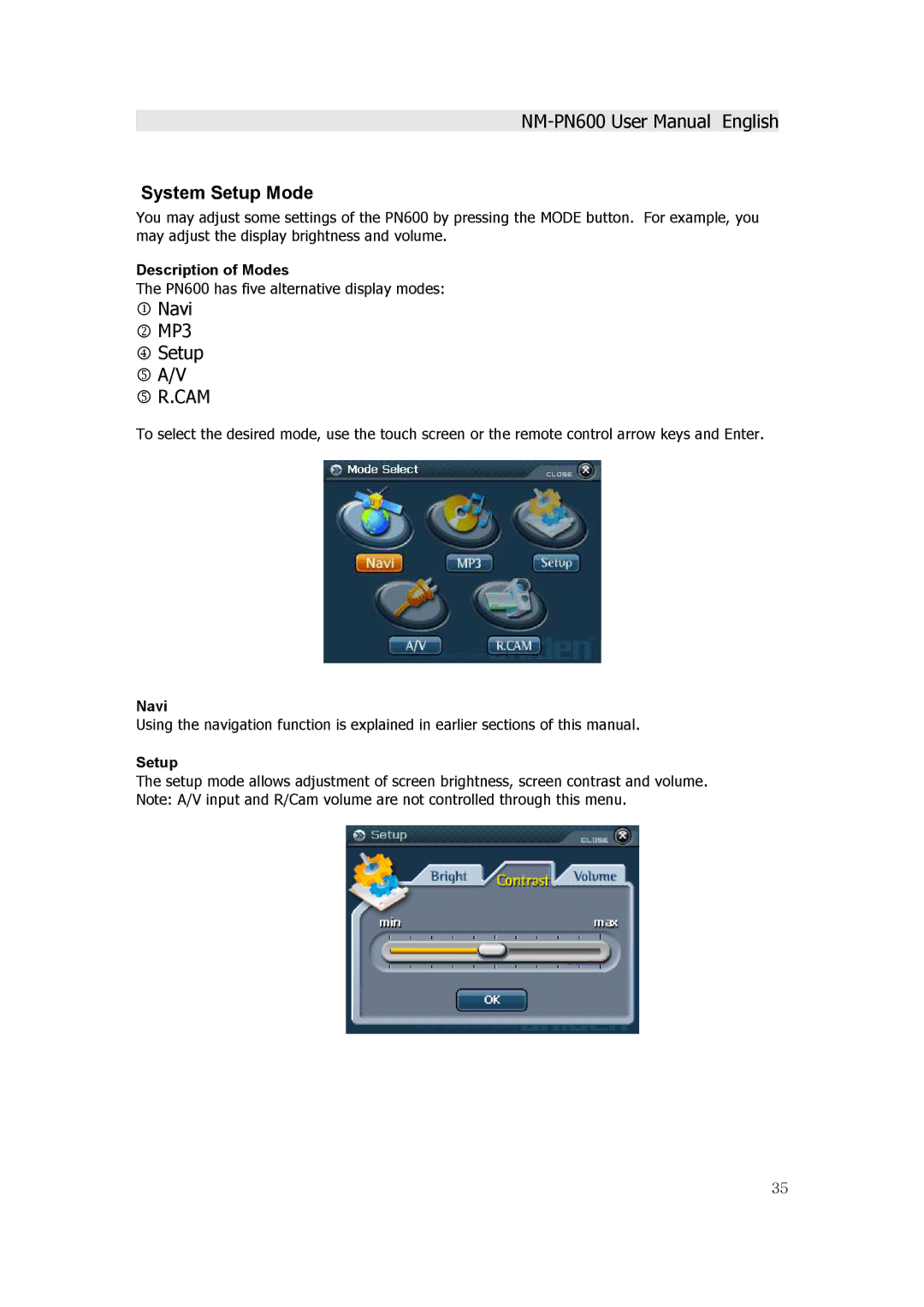 Horizon Navigation NM-PN600 manual System Setup Mode, Navi MP3 Setup 