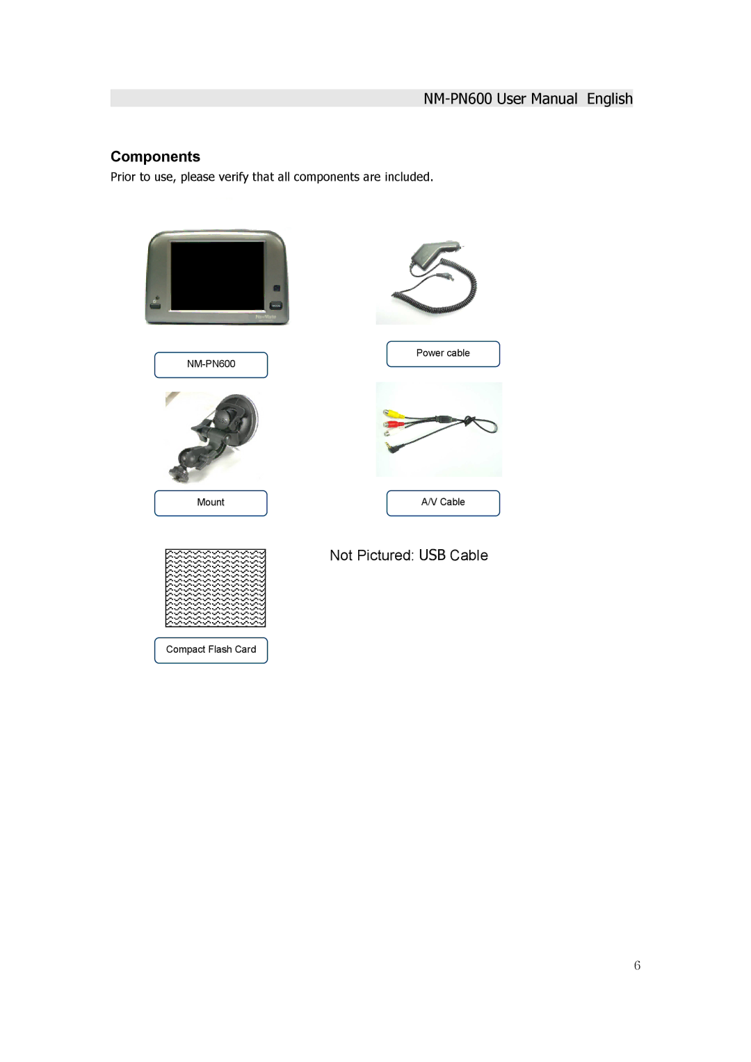 Horizon Navigation NM-PN600 manual Components, Not Pictured USB Cable 