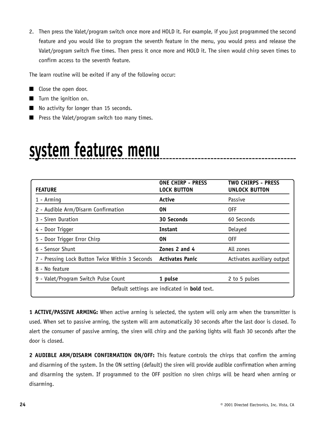 Hornet Car Security 700T manual system features menu, Two Chirps - Press 