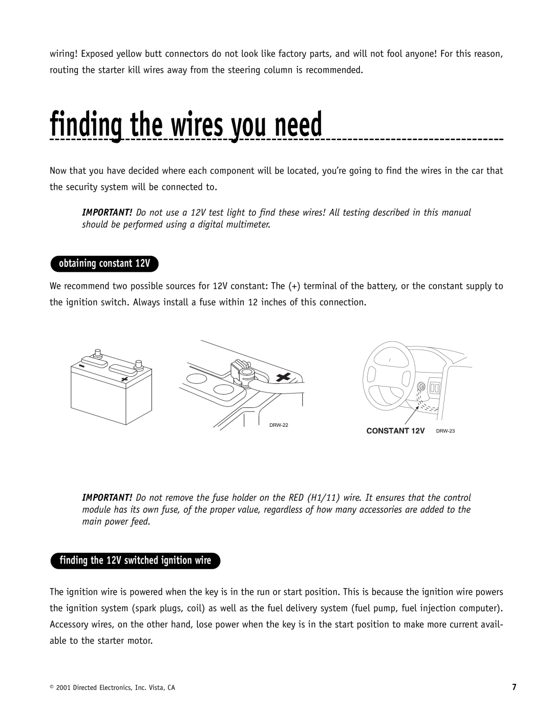 Hornet Car Security 700T manual finding the wires you need, obtaining constant, finding the 12V switched ignition wire 