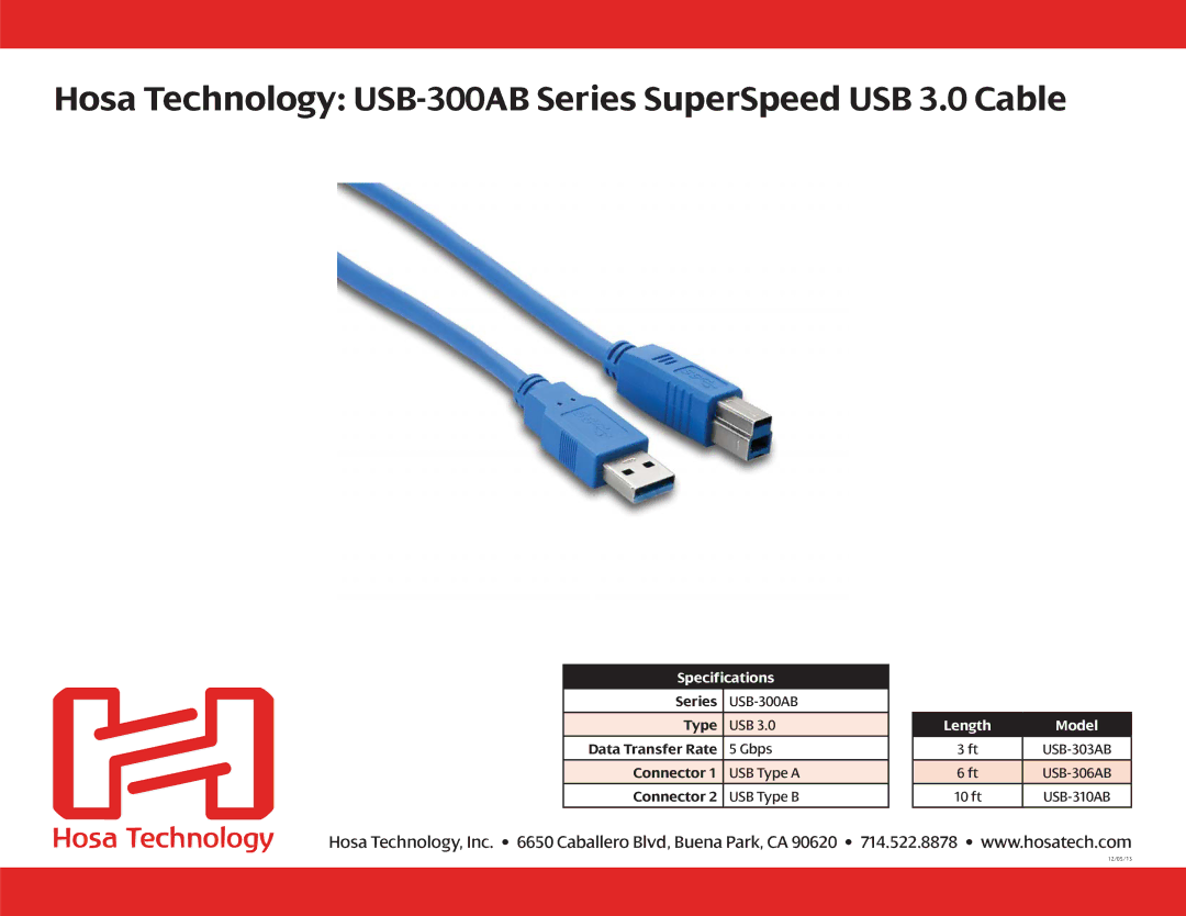 Hosa Technology 10 ft USB-310AB, 6 ft USB-306AB specifications Hosa Technology USB-300AB Series SuperSpeed USB 3.0 Cable 