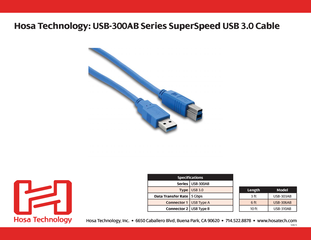 Hosa Technology 10 ft USB-310AB specifications Hosa Technology USB-300AB Series SuperSpeed USB 3.0 Cable, Specifications 