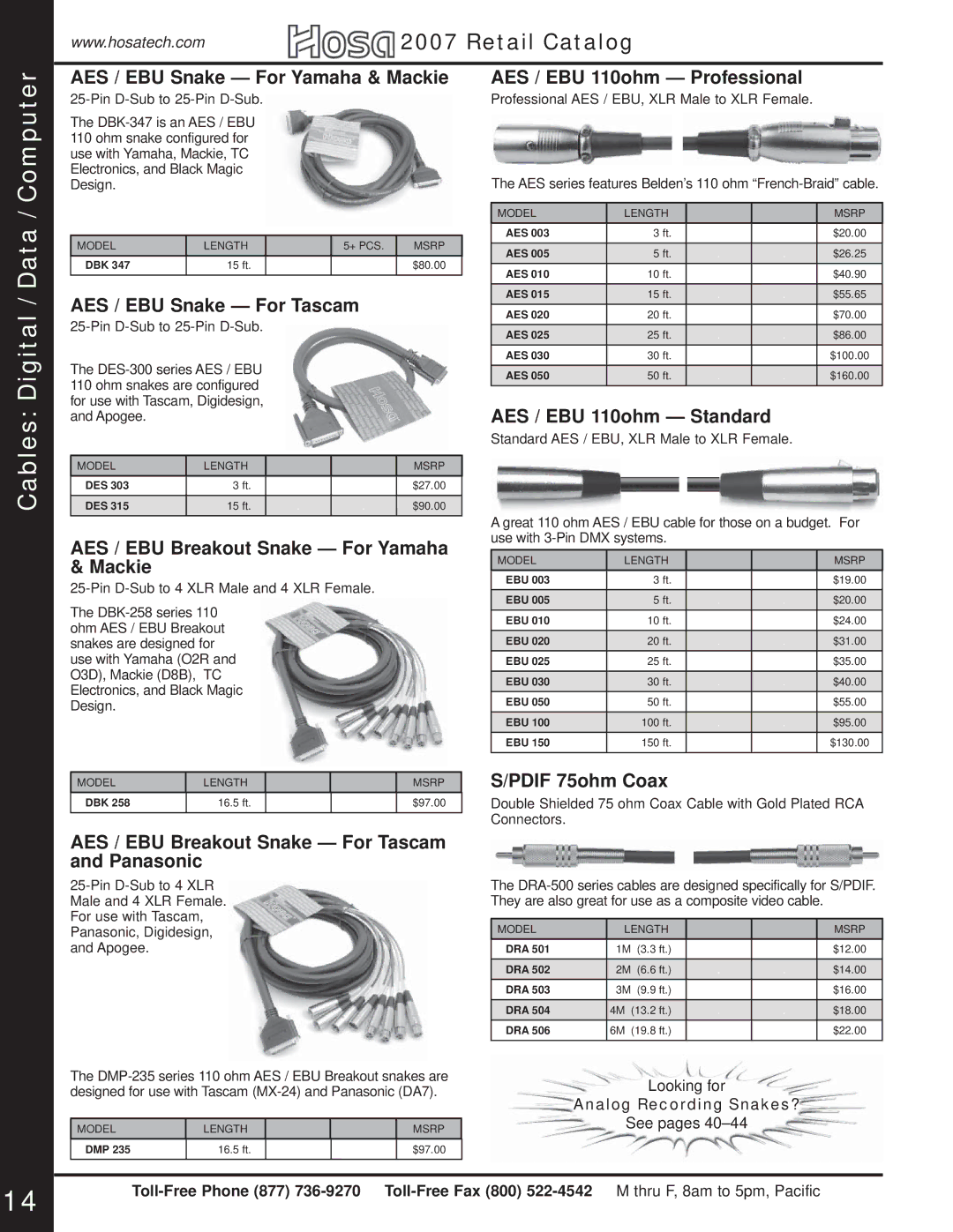 Hosa Technology Audio Digital Solutions manual Cables Digital / Data / Computer 