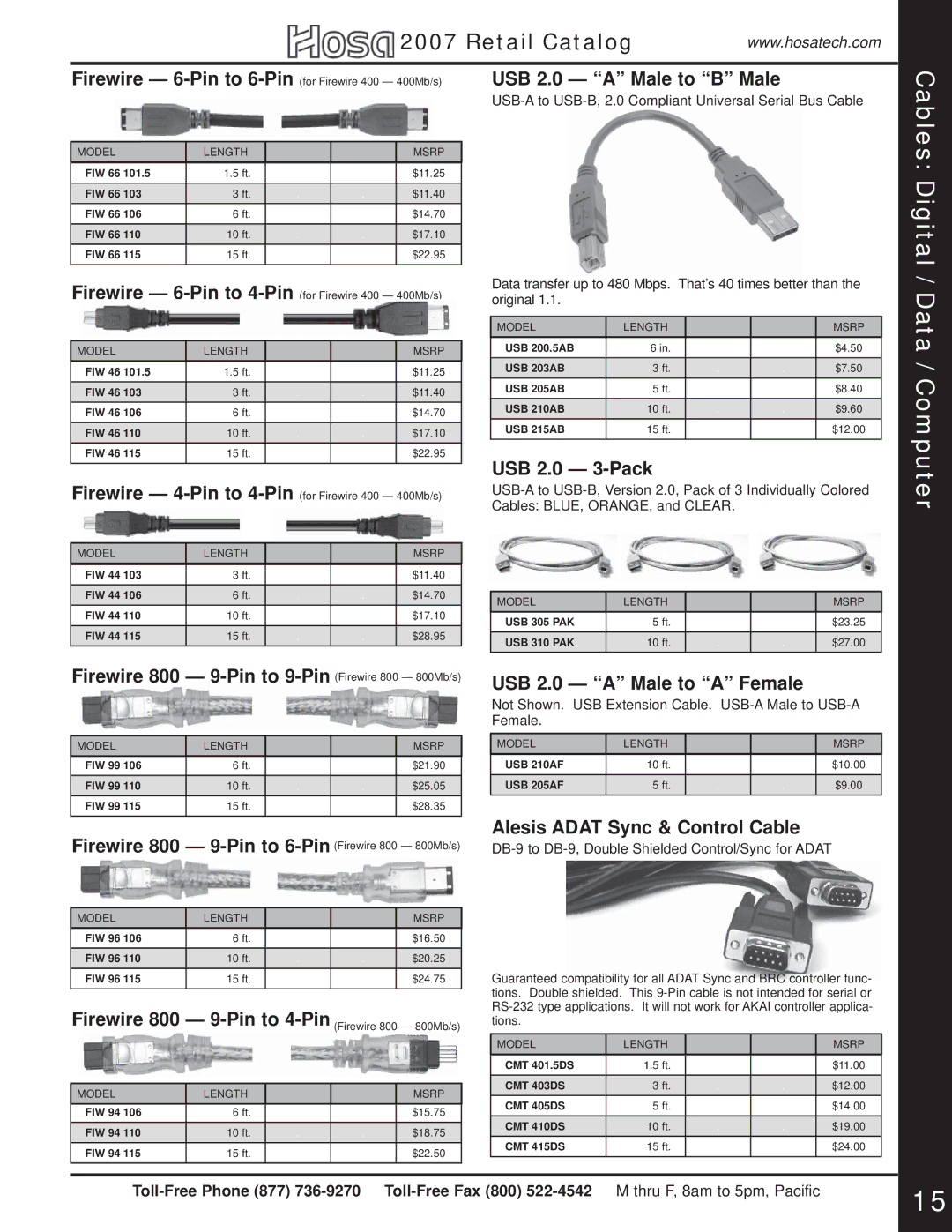 Hosa Technology Audio Digital Solutions manual Firewire 800 9-Pin to 9-Pin Firewire 800 800Mb/s, USB 2.0 3-Pack 