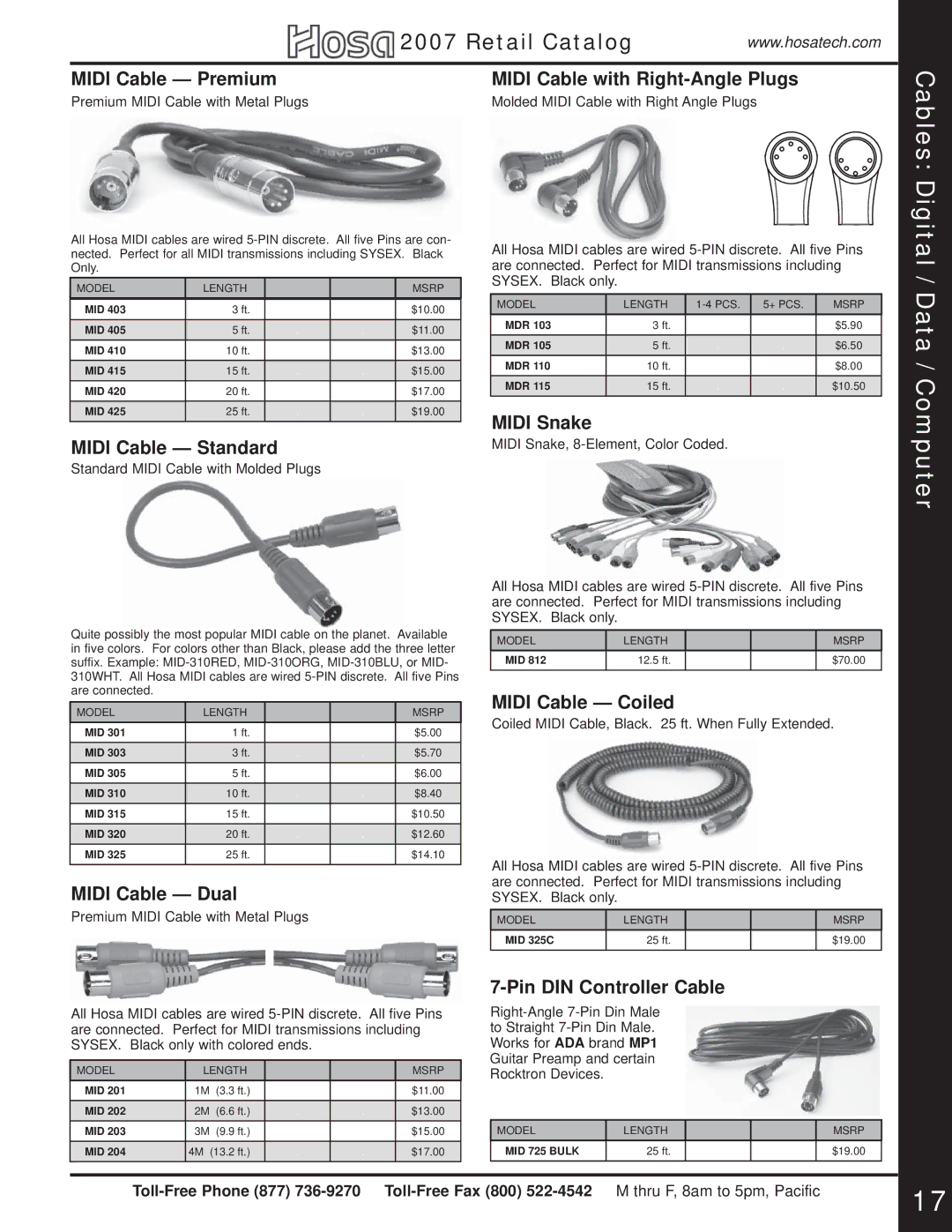 Hosa Technology Audio Digital Solutions manual Midi Cable Premium Midi Cable with Right-Angle Plugs, Midi Cable Standard 