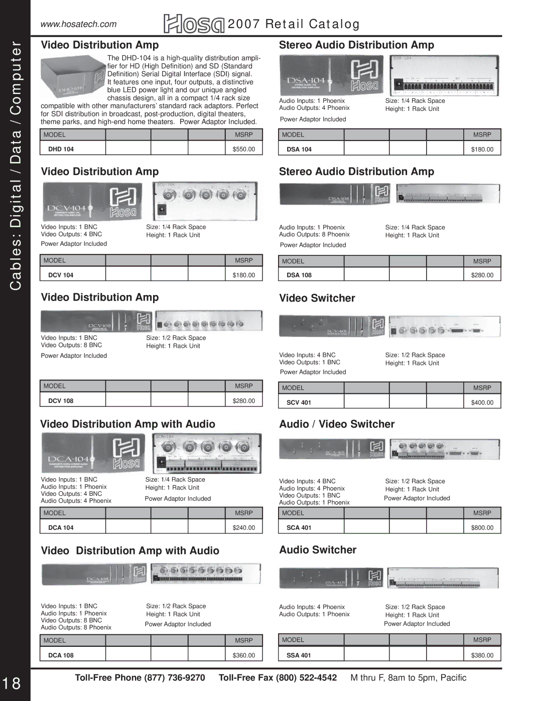 Hosa Technology Audio Digital Solutions manual Video Distribution Amp, Stereo Audio Distribution Amp, Video Switcher 