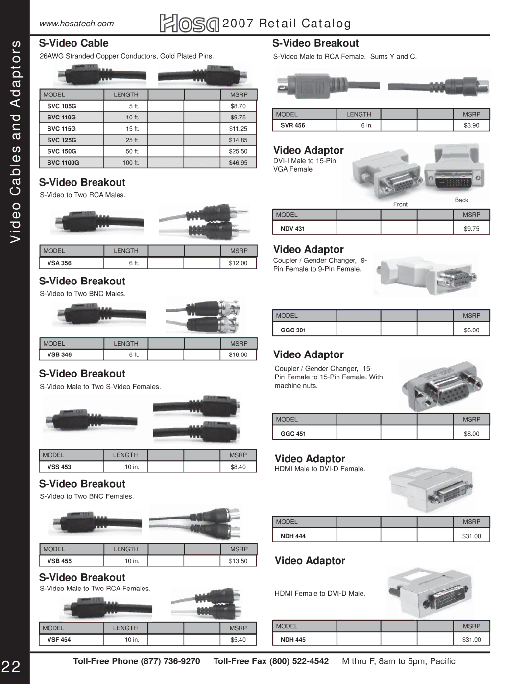 Hosa Technology Audio Digital Solutions manual Video Cables and Adaptors, Video Breakout, Video Adaptor 