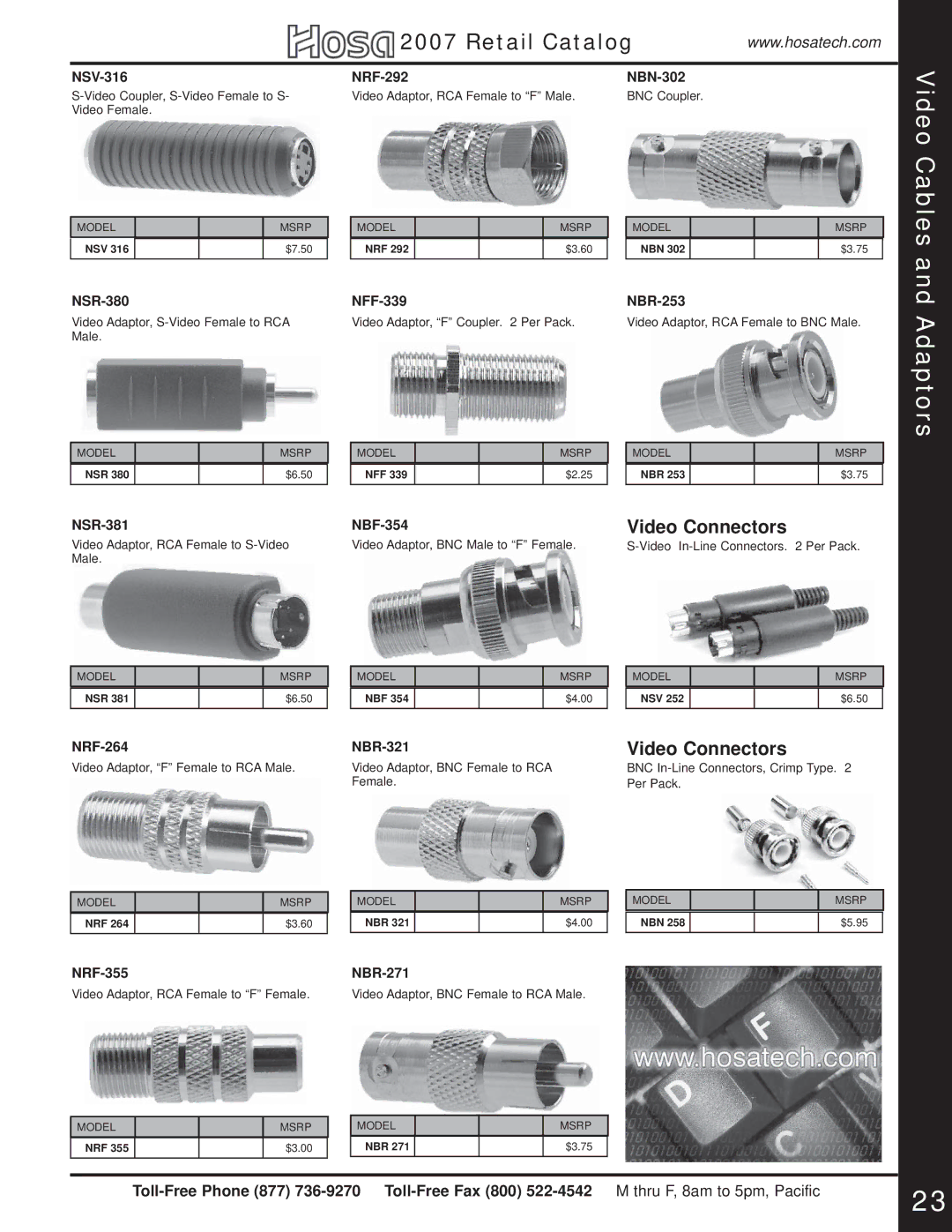 Hosa Technology Audio Digital Solutions manual Video Connectors, NSV-316 NRF-292 NBN-302 