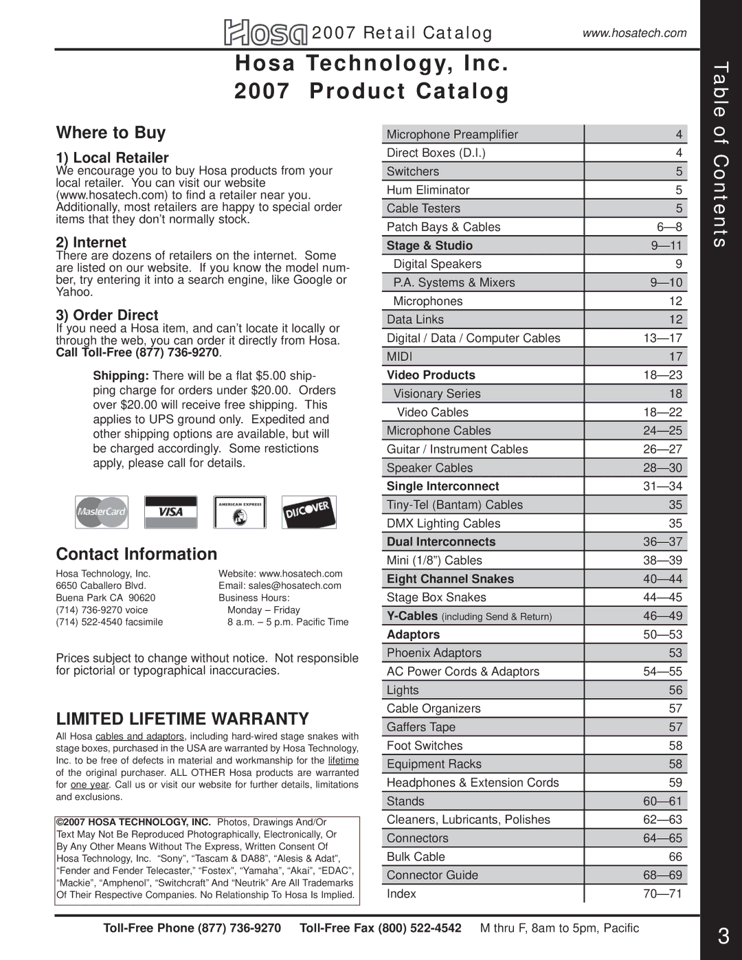 Hosa Technology Audio Digital Solutions manual Hosa Technology, Inc Product Catalog, Contents 