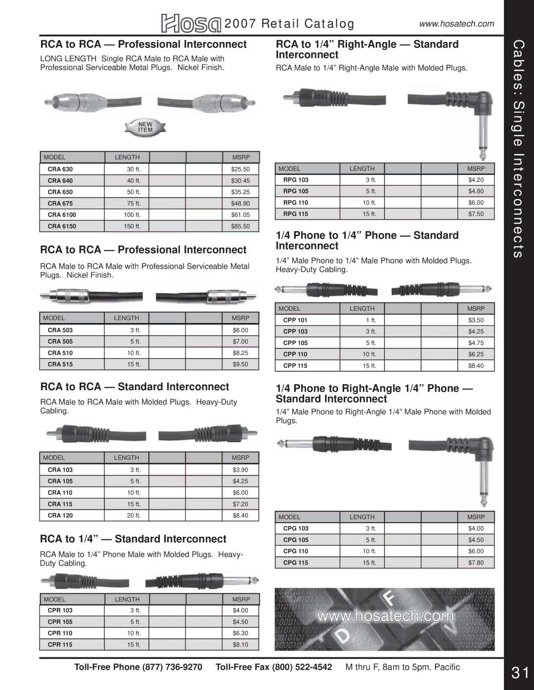 Hosa Technology Audio Digital Solutions manual Cables Single, Interconnects 