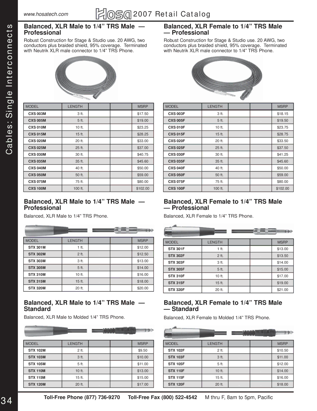 Hosa Technology Audio Digital Solutions manual Balanced, XLR Male to 1/4 TRS Male Professional 