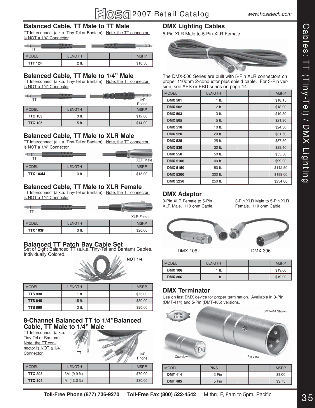 Hosa Technology Audio Digital Solutions manual Cables TT Tiny-Tel / DMX Lighting 