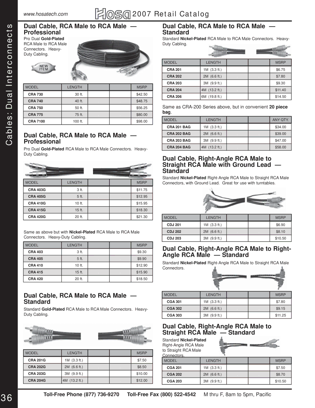 Hosa Technology Audio Digital Solutions manual Cables Dual Interconnects, Dual Cable, RCA Male to RCA Male Professional 