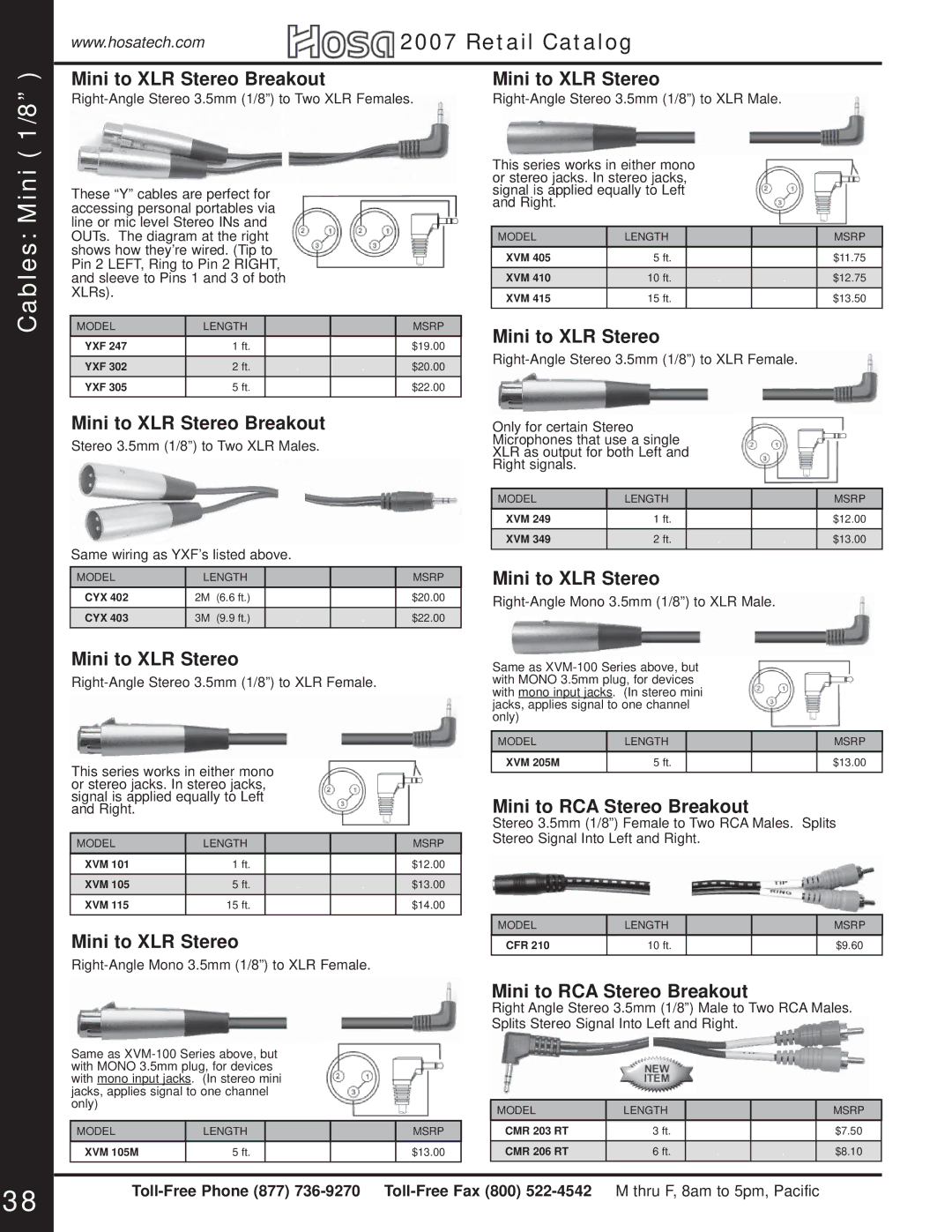 Hosa Technology Audio Digital Solutions manual Cables Mini 1/8, Mini to XLR Stereo Breakout, Mini to RCA Stereo Breakout 