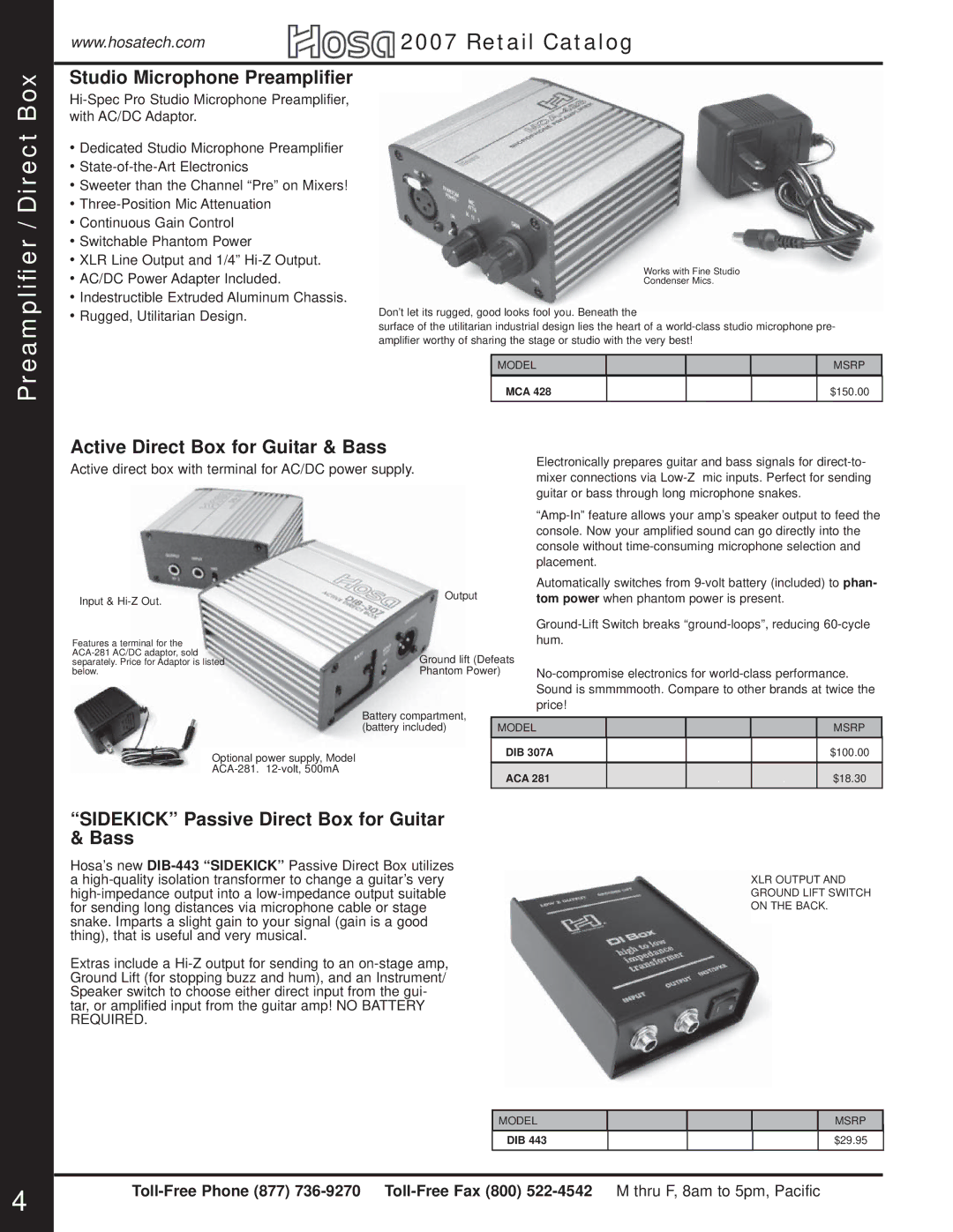 Hosa Technology Audio Digital Solutions manual Studio Microphone Preamplifier, Active Direct Box for Guitar & Bass 