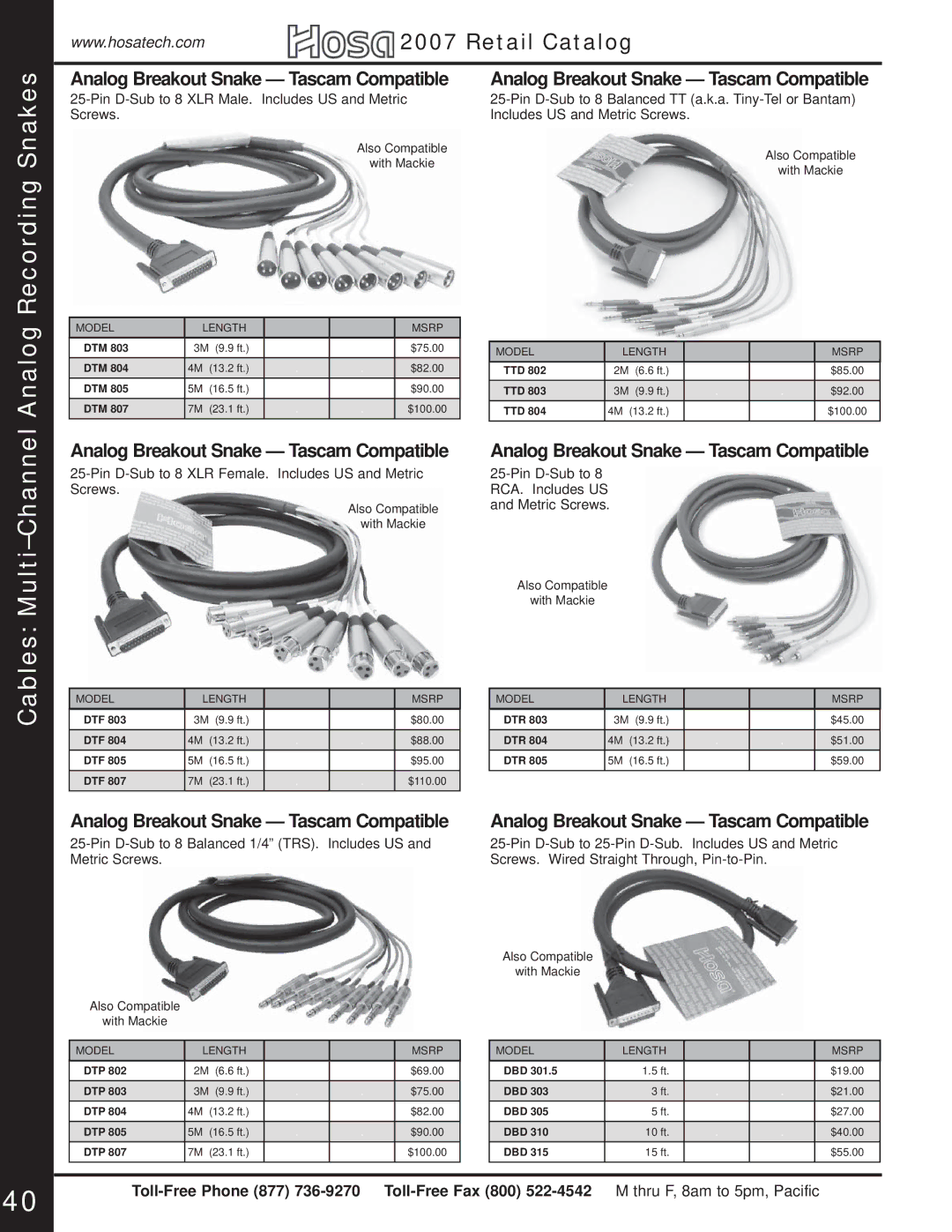 Hosa Technology Audio Digital Solutions manual Analog Recording Snakes, Analog Breakout Snake Tascam Compatible 