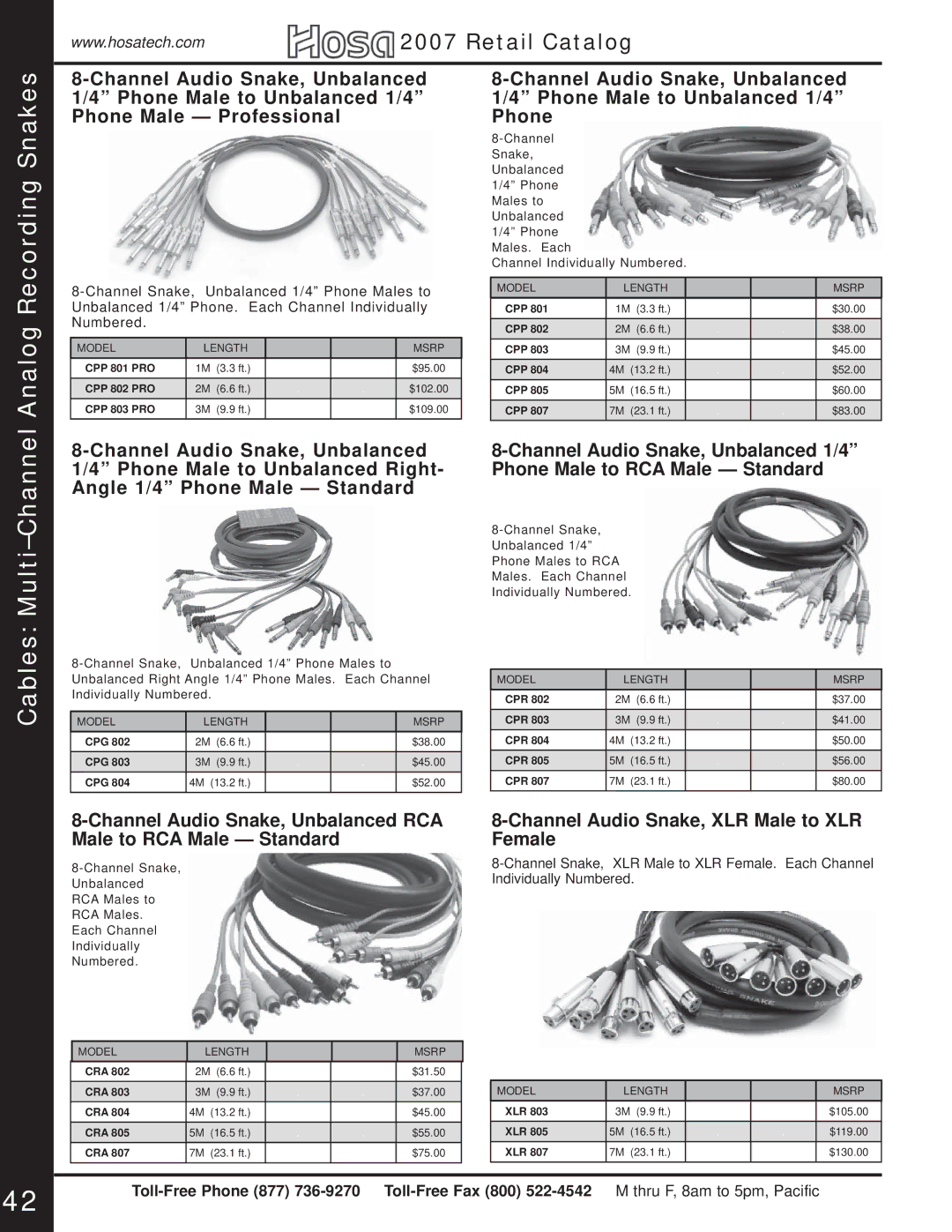 Hosa Technology Audio Digital Solutions manual Analog, Cables Multi-Channel, Channel Audio Snake, XLR Male to XLR Female 