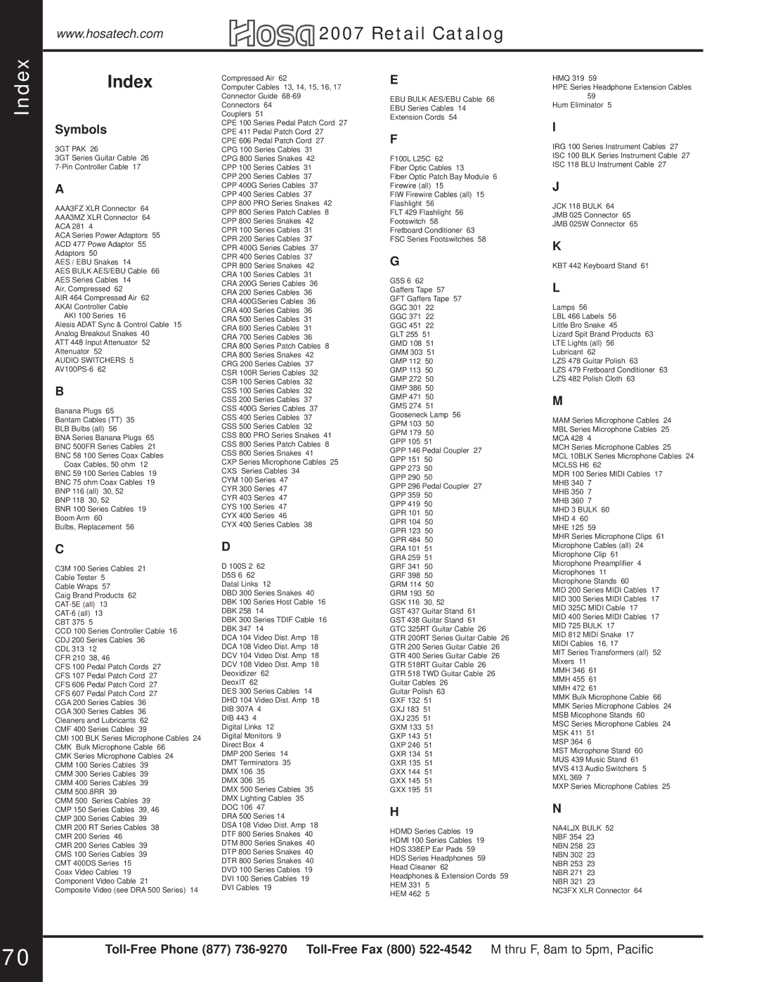 Hosa Technology Audio Digital Solutions manual Index 