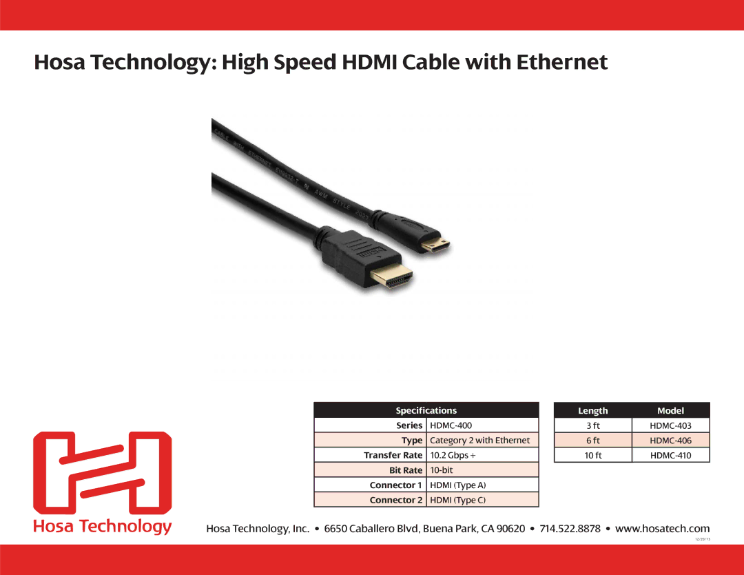 Hosa Technology CA90620 specifications Hosa Technology High Speed Hdmi Cable with Ethernet, Specifications, Length Model 