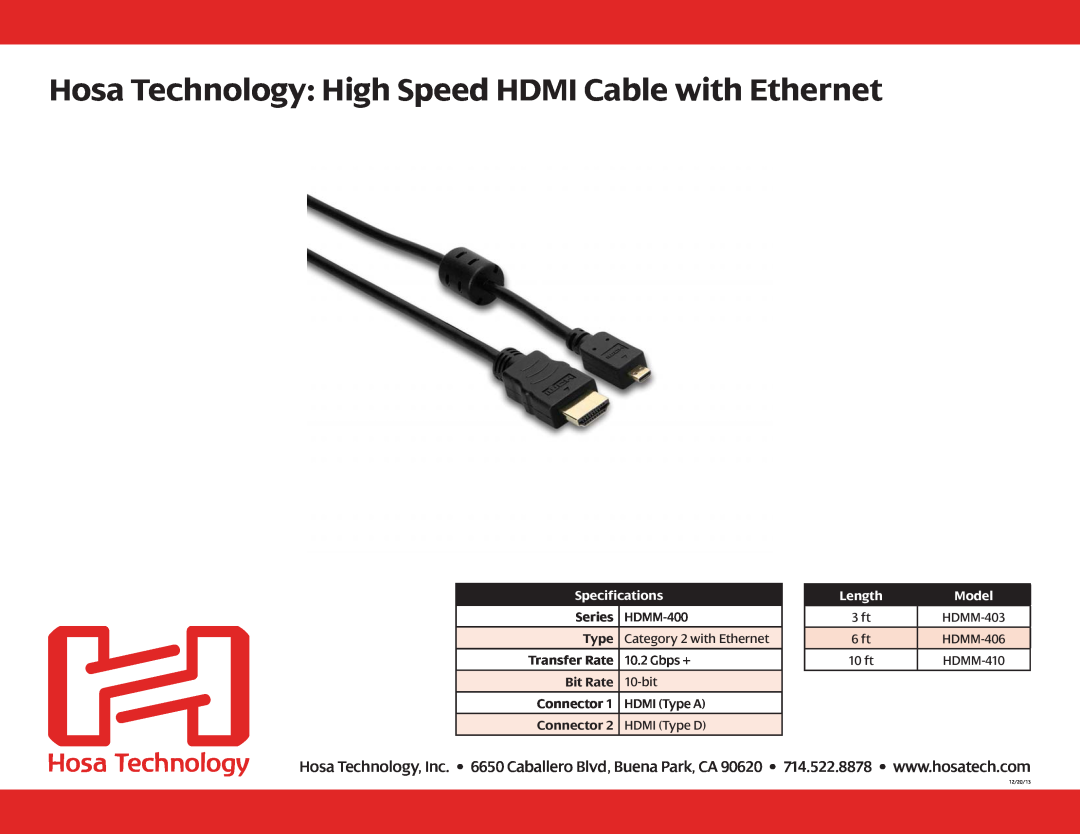 Hosa Technology HDMM-406 specifications Hosa Technology High Speed HDMI Cable with Ethernet, Specifications, Length, Model 