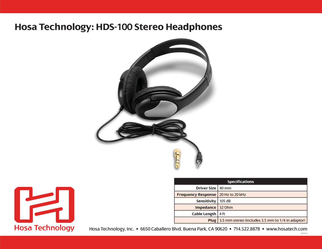 Hosa Technology specifications Hosa Technology HDS-100 Stereo Headphones, Specifications 