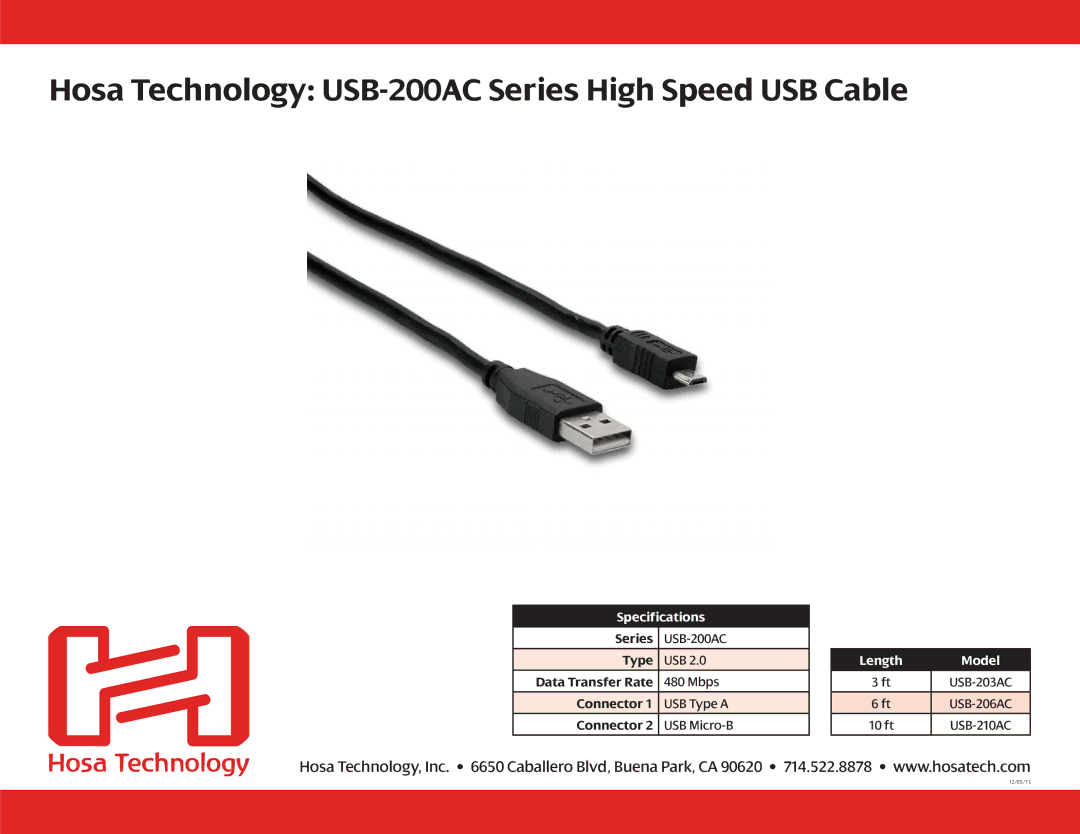 Hosa Technology USB-210AC, USB-206AC, USB-203AC specifications Hosa Technology USB-200AC Series High Speed USB Cable 