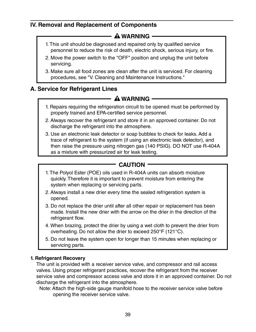 Hoshizaki 73168 IV. Removal and Replacement of Components, Service for Refrigerant Lines, Refrigerant Recovery 