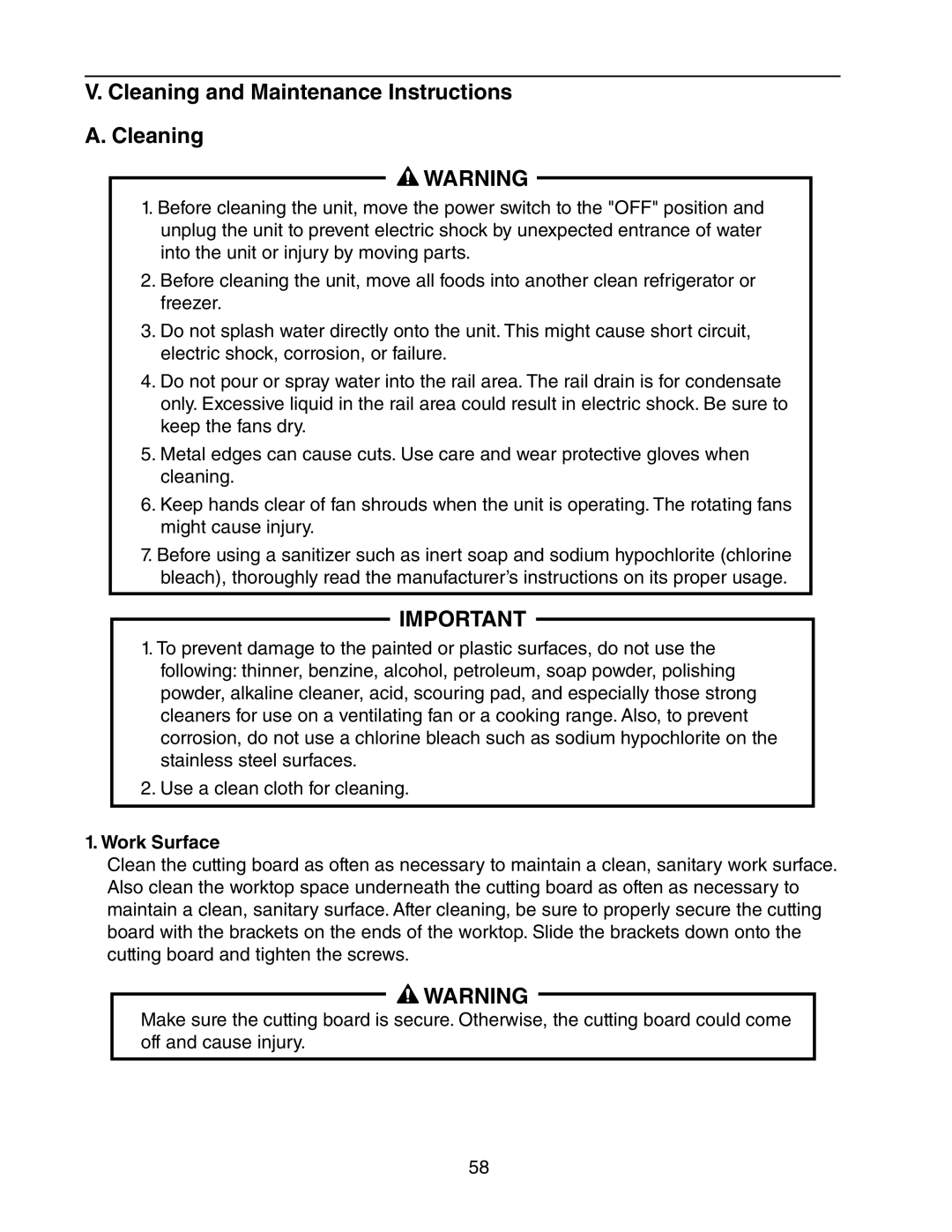 Hoshizaki 73168 service manual Cleaning and Maintenance Instructions, Work Surface 