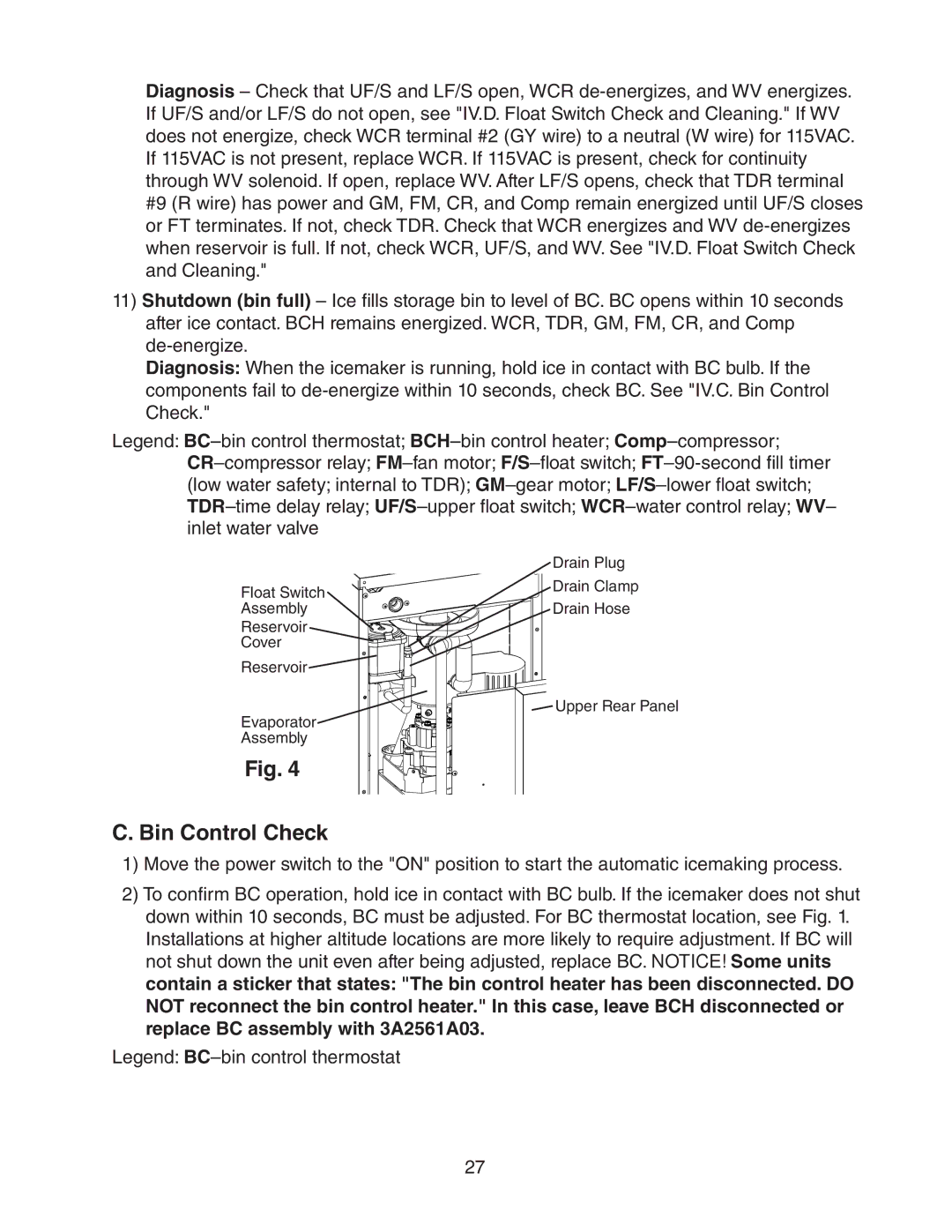 Hoshizaki 73180 service manual Bin Control Check 