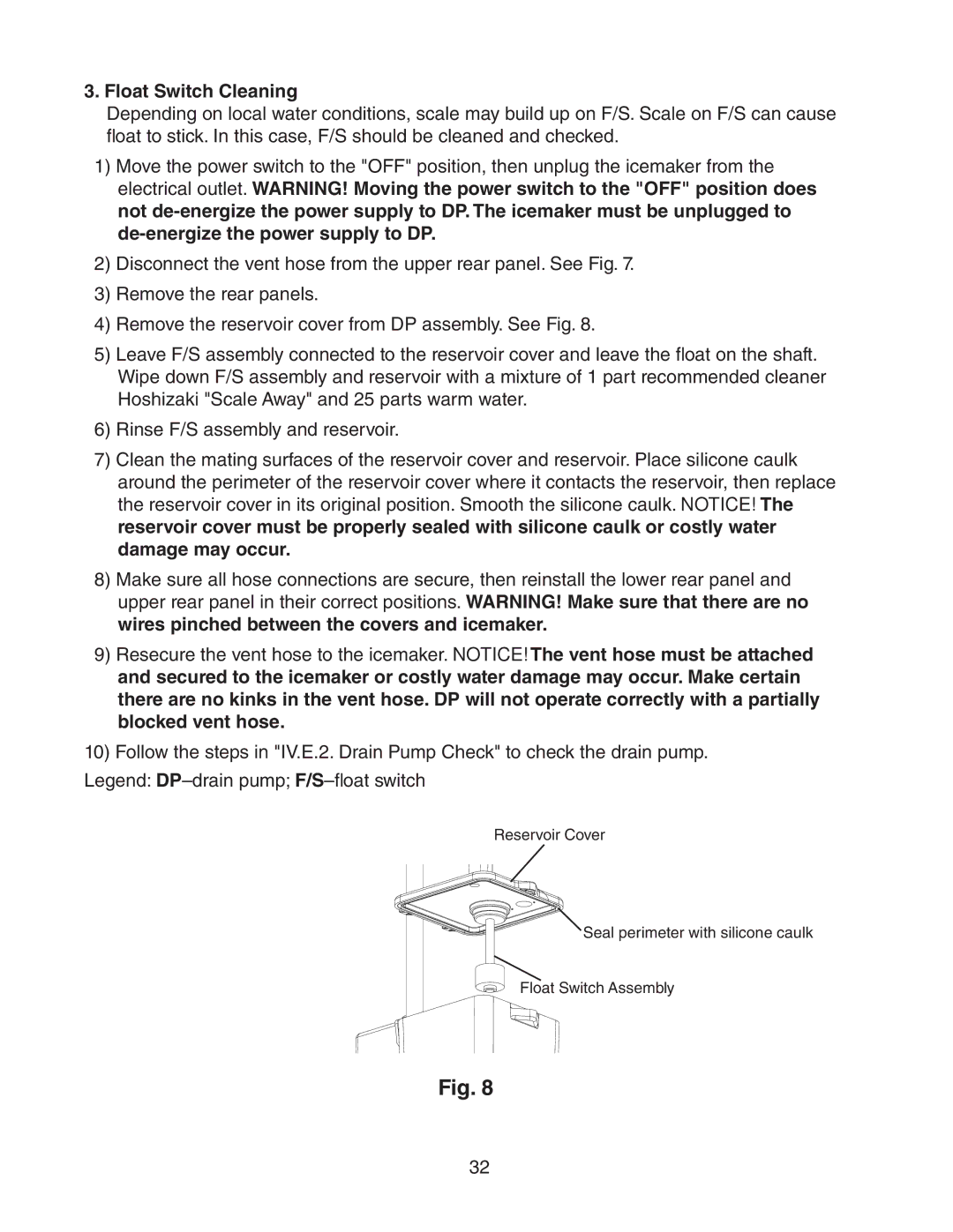 Hoshizaki 73180 service manual Float Switch Cleaning 