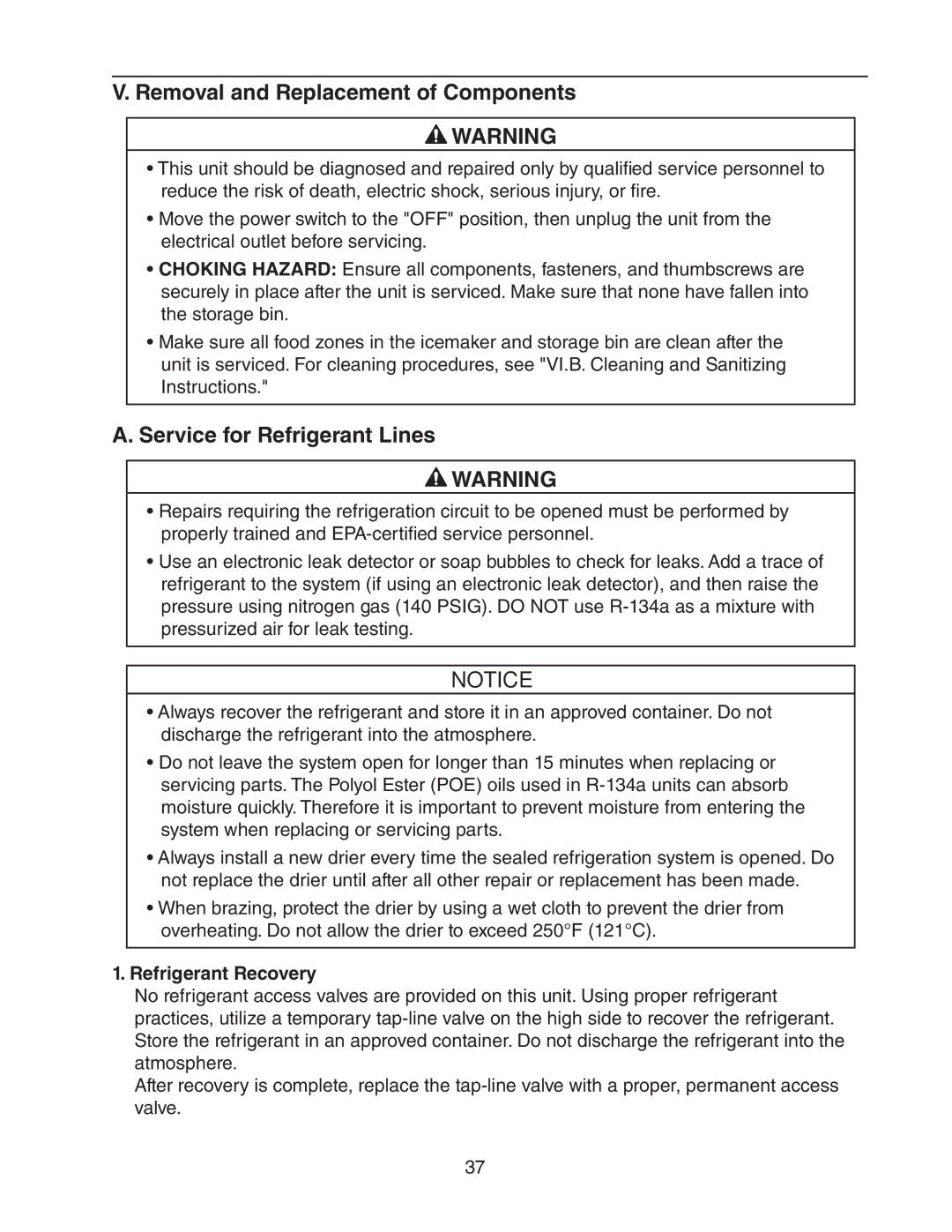 Hoshizaki 73180 service manual Removal and Replacement of Components, Service for Refrigerant Lines, Refrigerant Recovery 