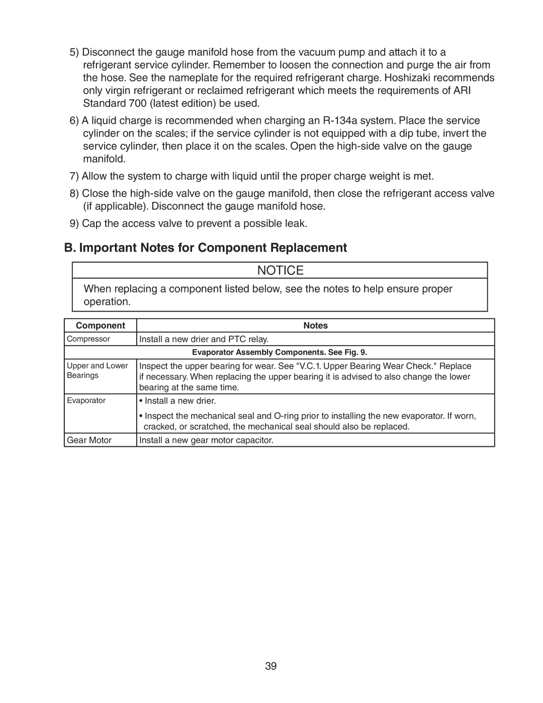 Hoshizaki 73180 service manual Important Notes for Component Replacement 