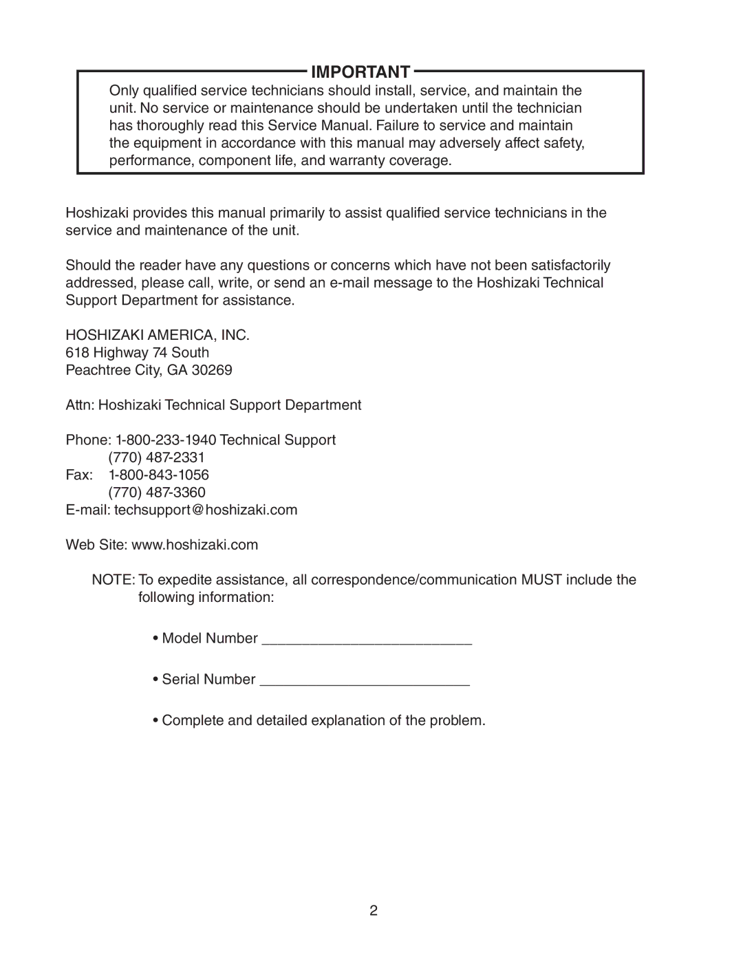 Hoshizaki 73183 service manual Hoshizaki AMERICA, INC 