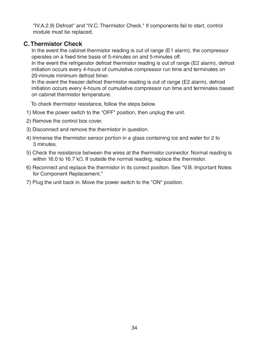 Hoshizaki 73183 service manual Thermistor Check 