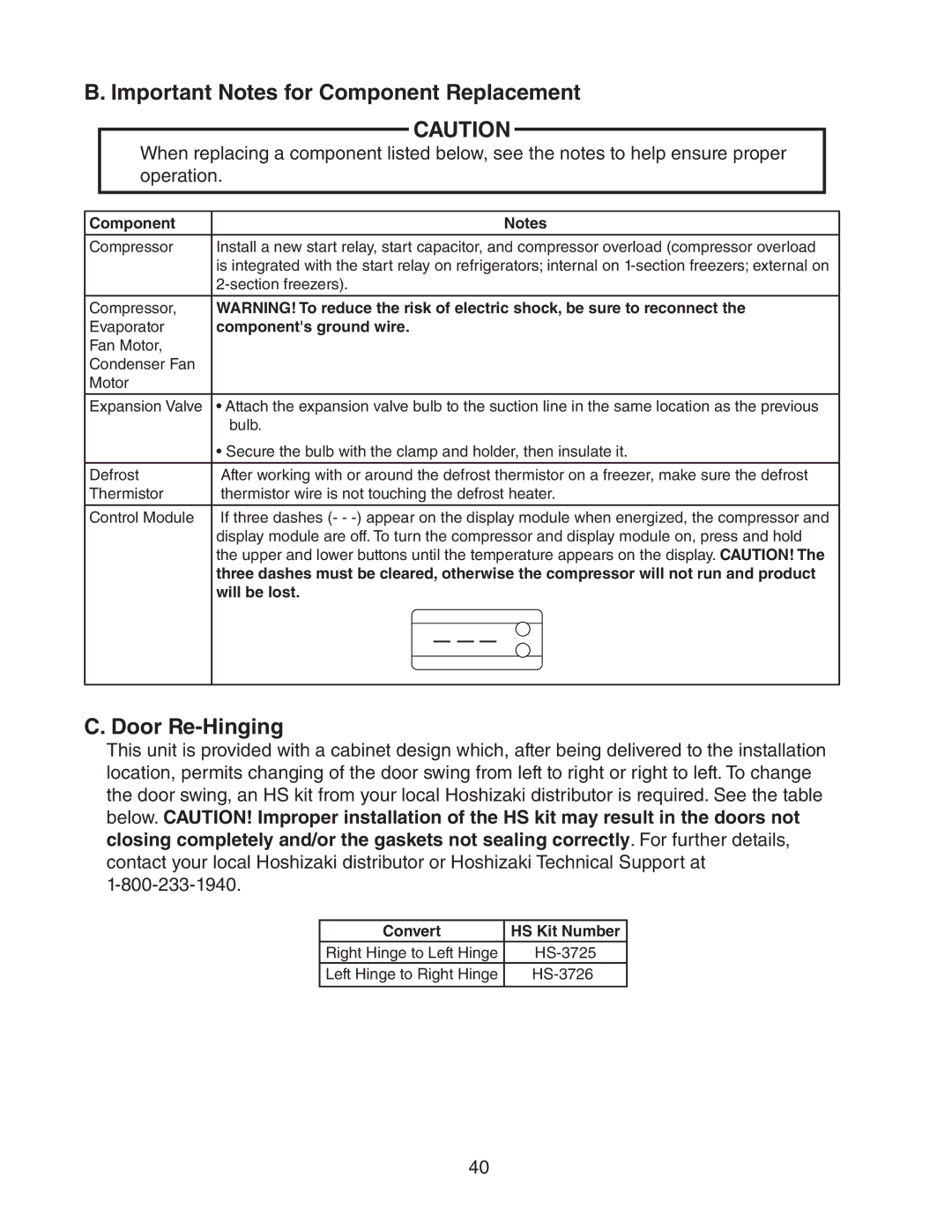 Hoshizaki 73183 service manual Important Notes for Component Replacement, Door Re-Hinging 