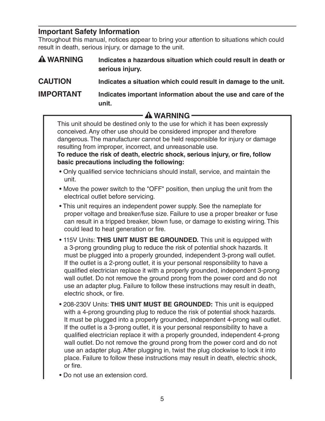 Hoshizaki 73183 Important Safety Information, Serious injury, Indicates important information about the use and care, Unit 