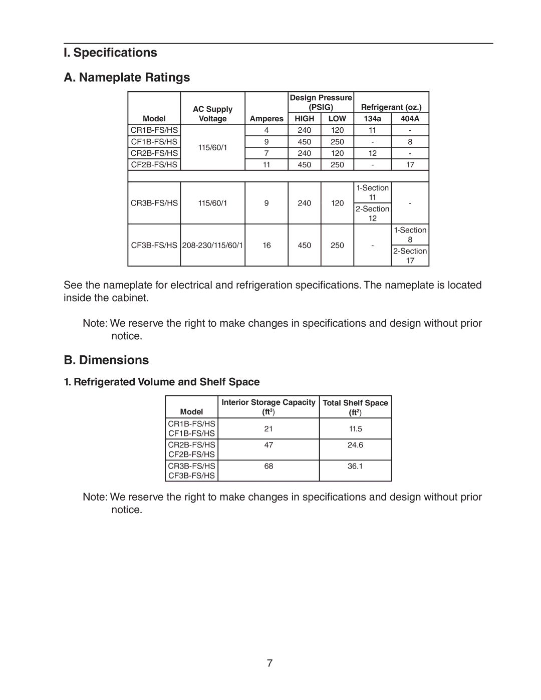 Hoshizaki 73183 service manual Specifications Nameplate Ratings, Dimensions, Refrigerated Volume and Shelf Space 