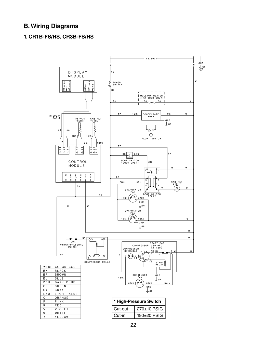 Hoshizaki 73183 service manual B. Wiring Diagrams, 1. CR1B-FS/HS, CR3B-FS/HS, High-Pressure Switch 
