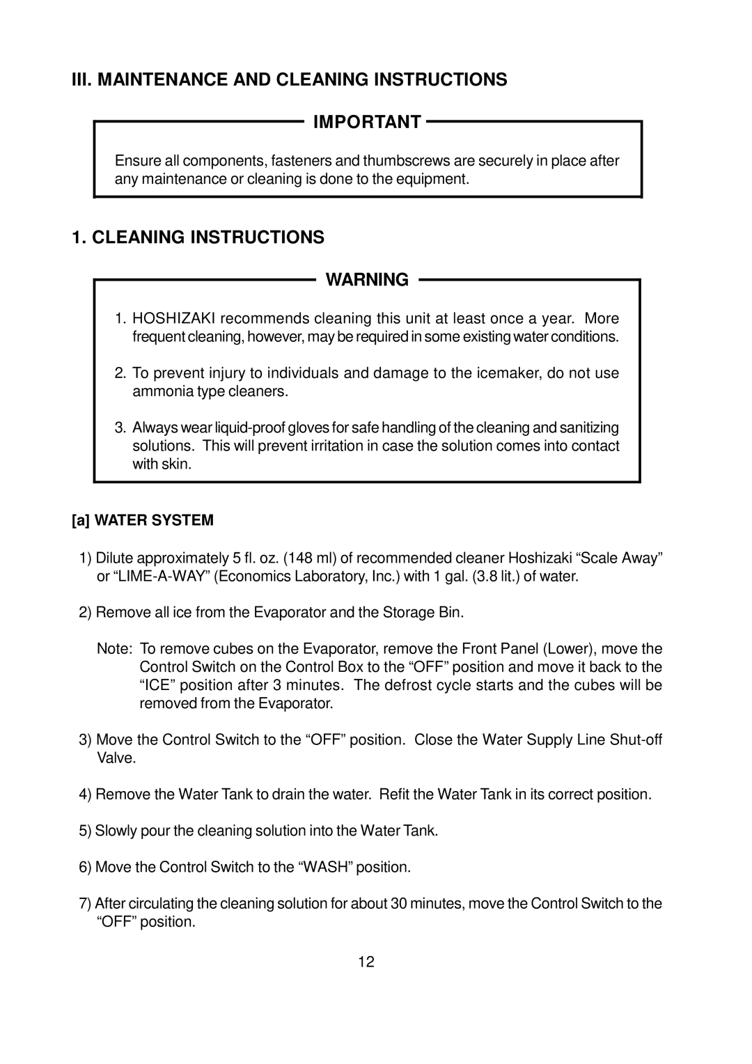 Hoshizaki AM-100BAE, AM-150BWF, AM-150BAF instruction manual III. Maintenance and Cleaning Instructions, Water System 