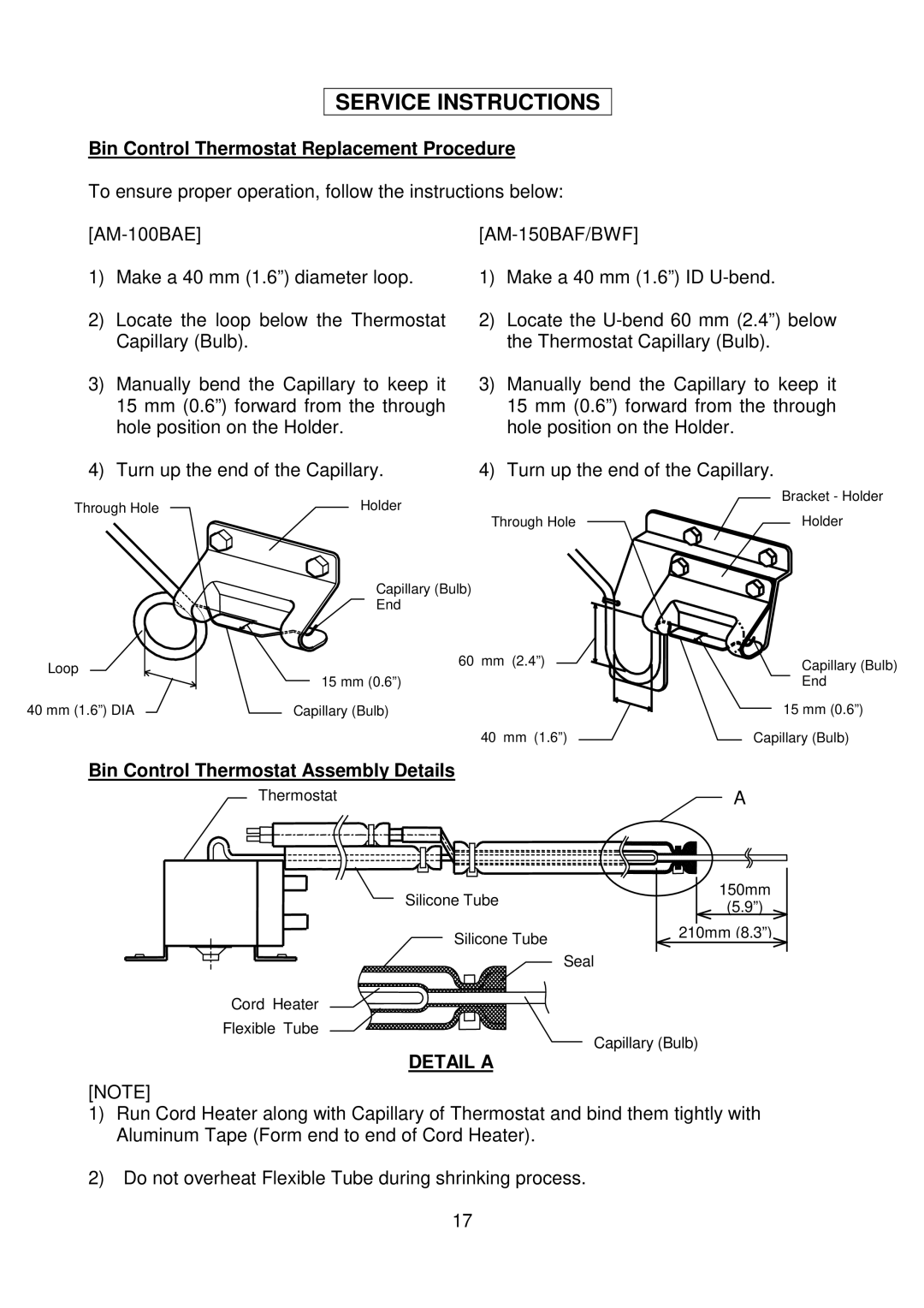 Hoshizaki AM-150BAF, AM-100BAE, AM-150BWF Service Instructions, Bin Control Thermostat Replacement Procedure 