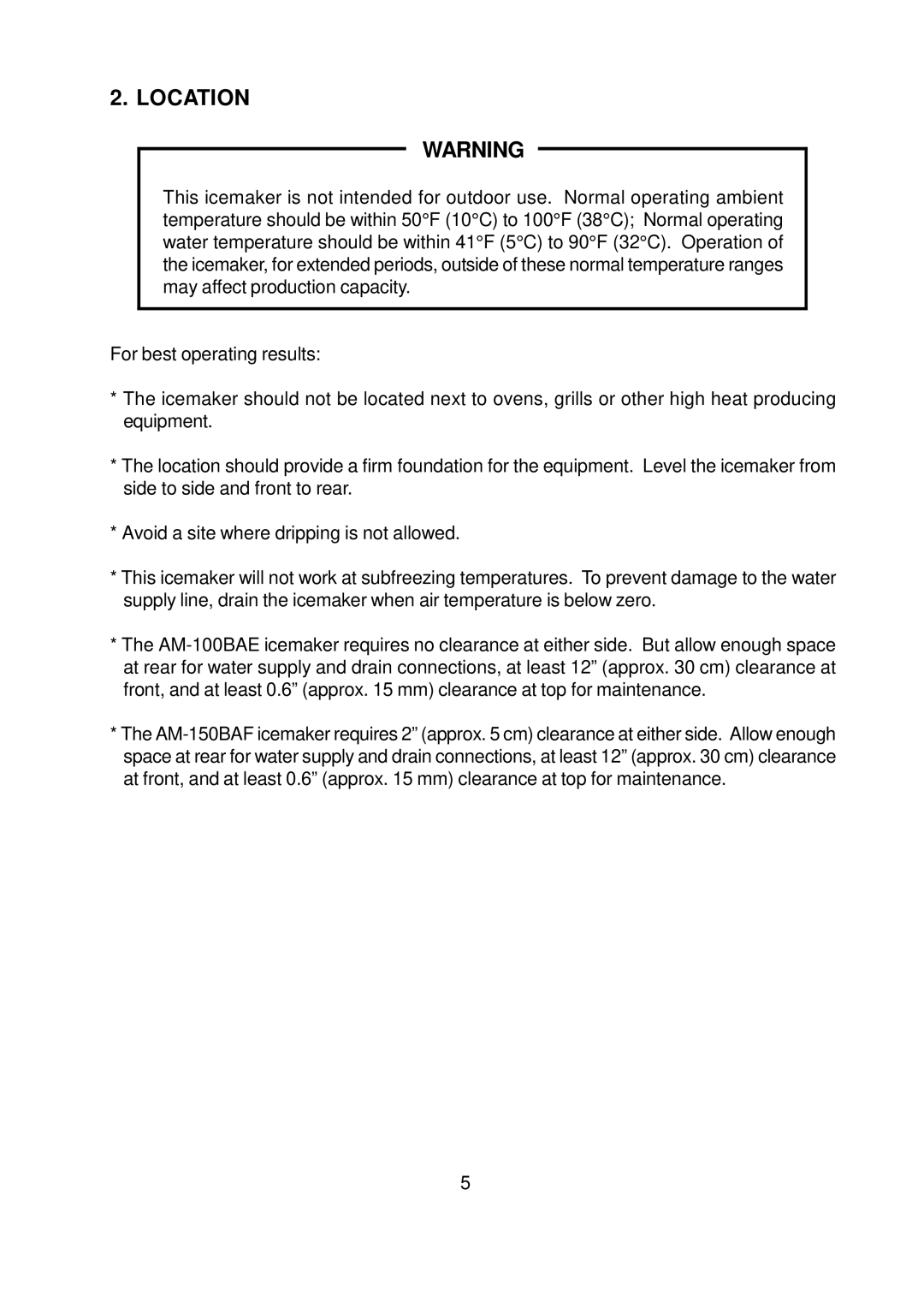 Hoshizaki AM-150BAF, AM-100BAE, AM-150BWF instruction manual Location 