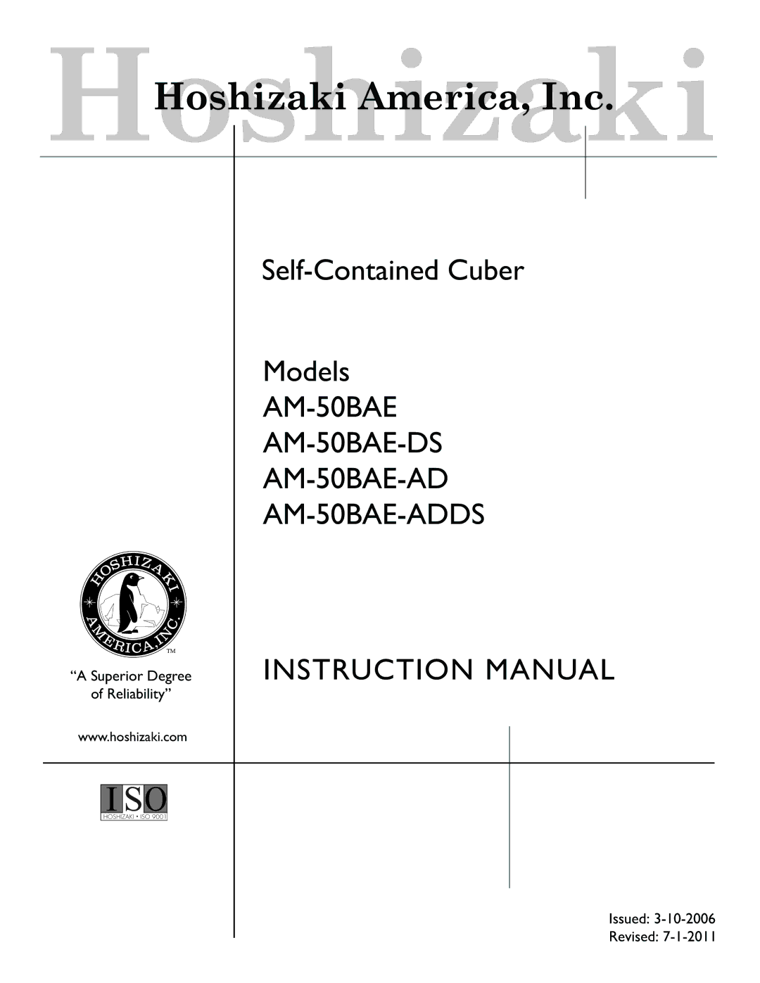 Hoshizaki instruction manual AM-50BAE AM-50BAE-DS AM-50BAE-AD AM-50BAE-ADDS 