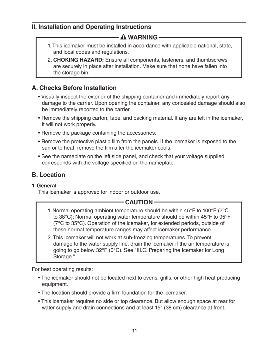 Hoshizaki AM-50BAE-DS II. Installation and Operating Instructions, Checks Before Installation, Location, General 