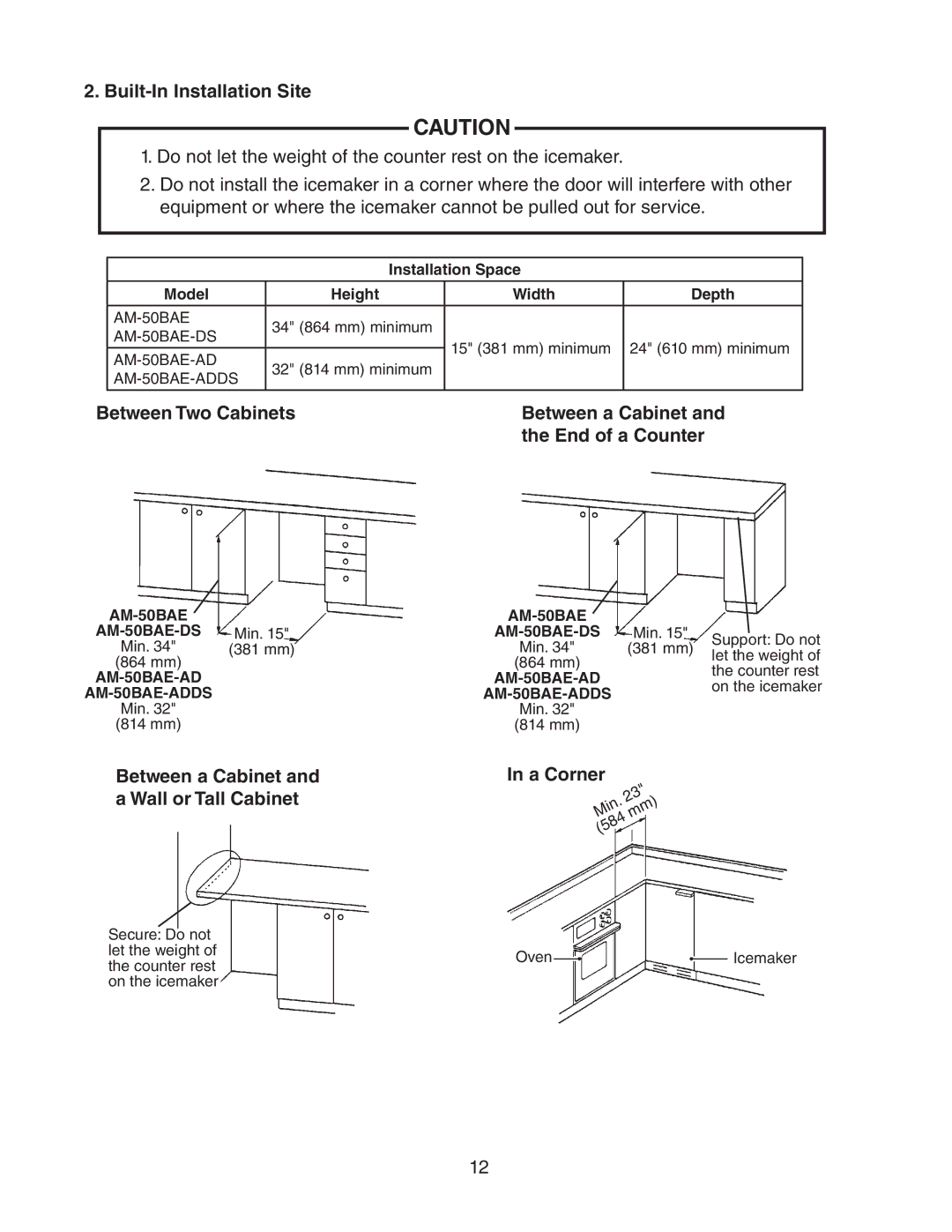 Hoshizaki AM-50BAE-ADDS, AM-50BAE-DS Built-In Installation Site, Between a Cabinet and a Wall or Tall Cabinet, A Corner 