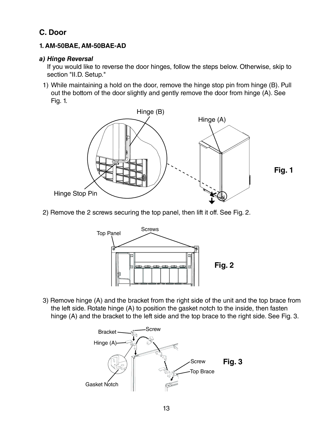 Hoshizaki AM-50BAE-ADDS, AM-50BAE-DS instruction manual Door, AM-50BAE, AM-50BAE-AD, Hinge Reversal 