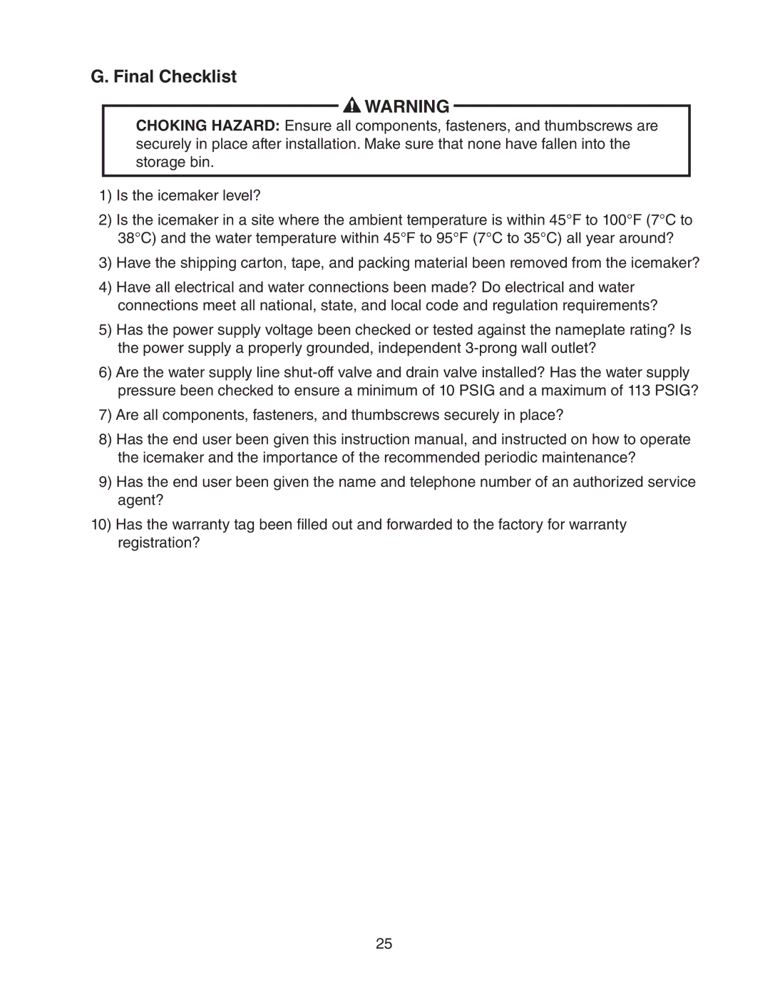 Hoshizaki AM-50BAE-ADDS, AM-50BAE-DS instruction manual Final Checklist 