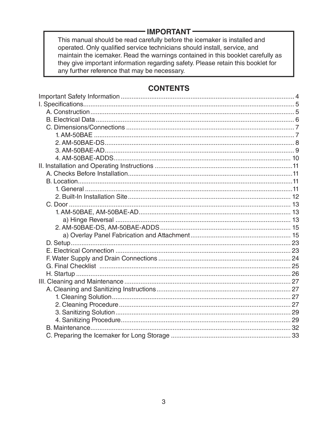 Hoshizaki AM-50BAE-ADDS, AM-50BAE-DS instruction manual Contents 