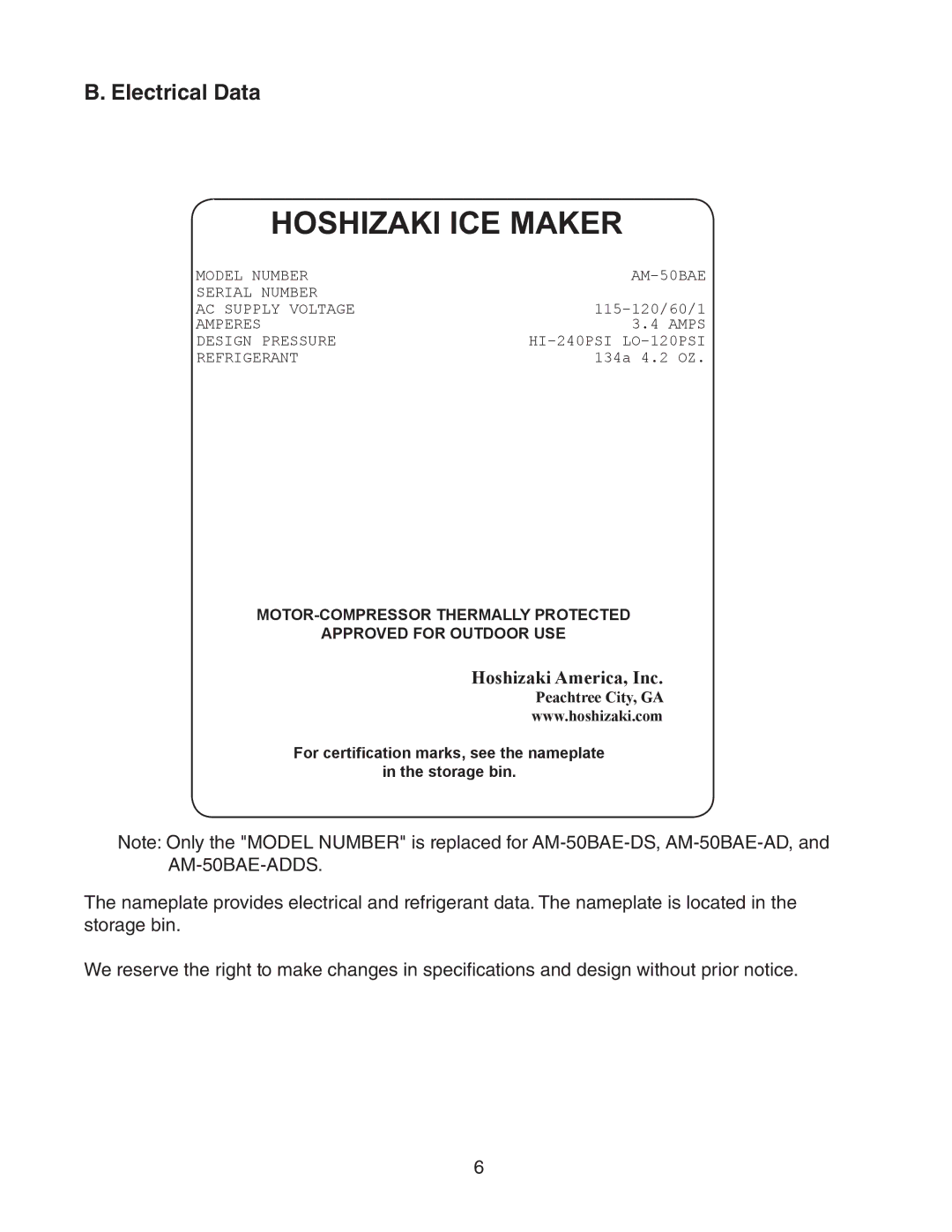 Hoshizaki AM-50BAE-ADDS, AM-50BAE-DS instruction manual Hoshizaki ICE Maker, Electrical Data 