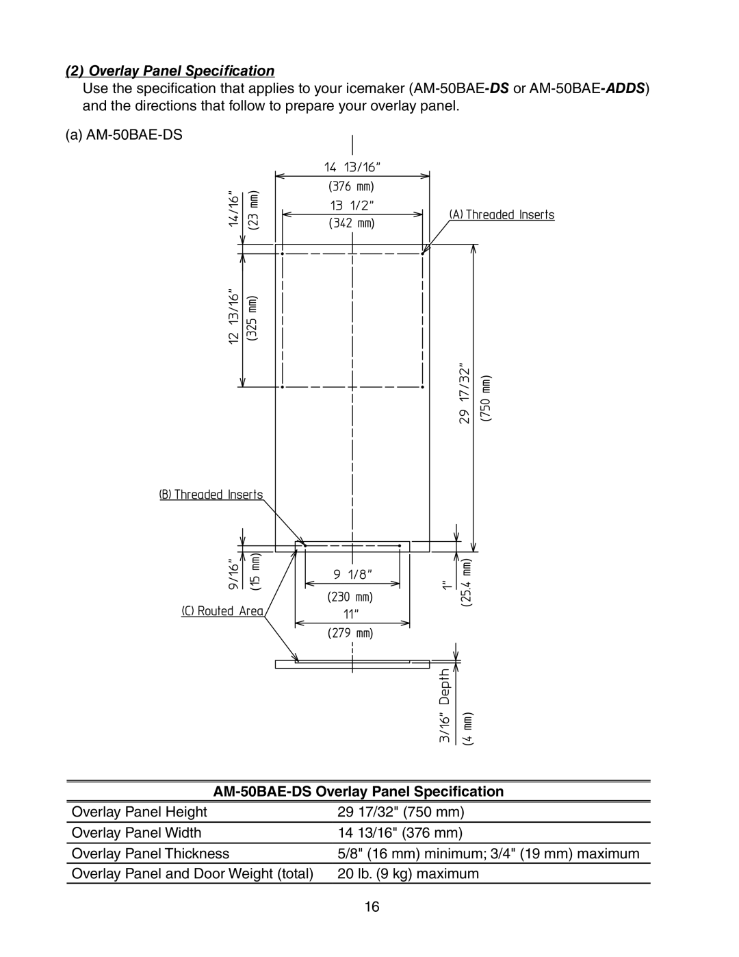 Hoshizaki AM-50BAE-ADDS instruction manual AM-50BAE-DSOverlay Panel Specification 